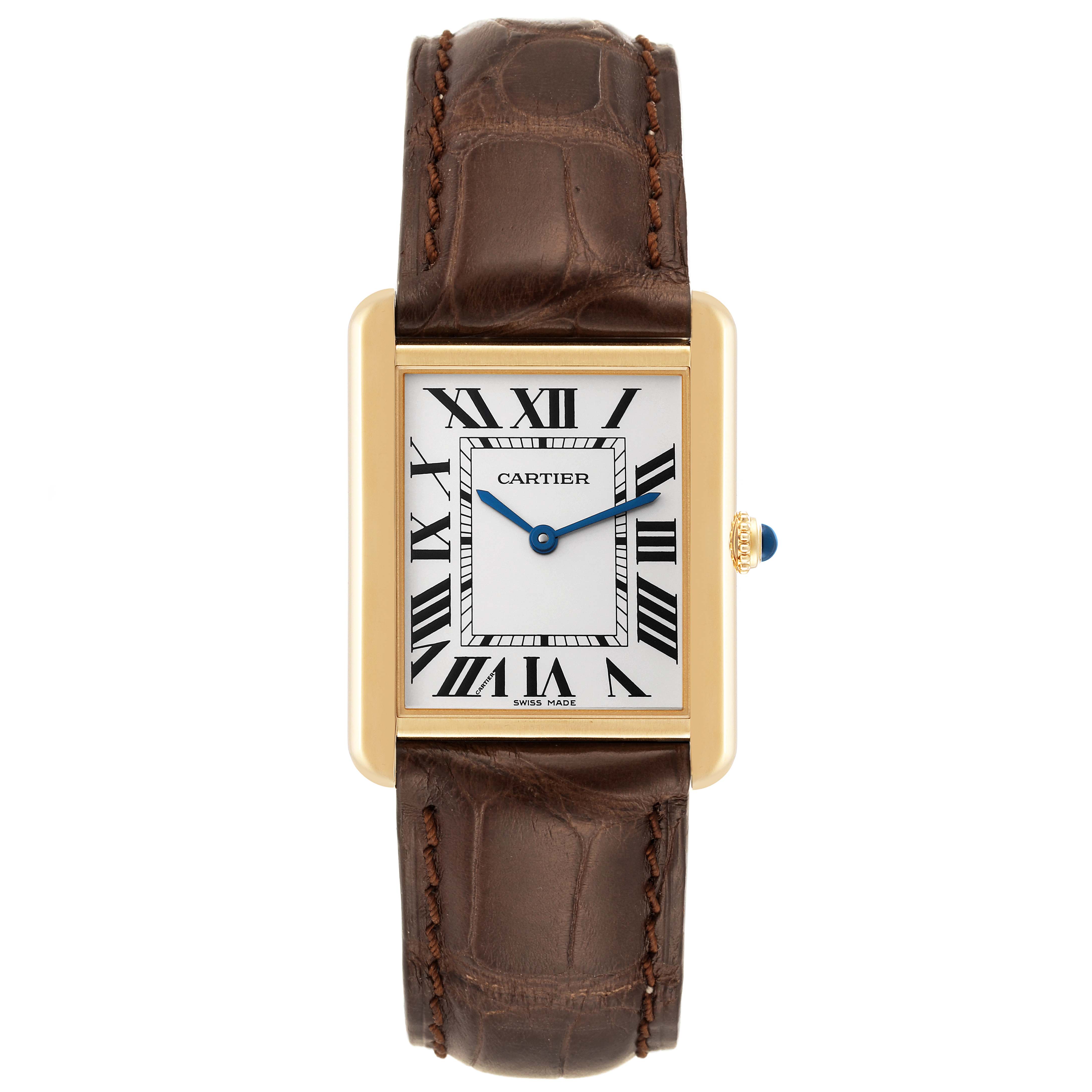The image shows a Cartier Tank Solo W5200004 Men
s Steel and Gold (two tone) Silver Dial W5200004 Men
s Steel and Gold (two tone) Silver Dial watch from a front-facing angle, highlighting its dial, case, crown, and leather strap.