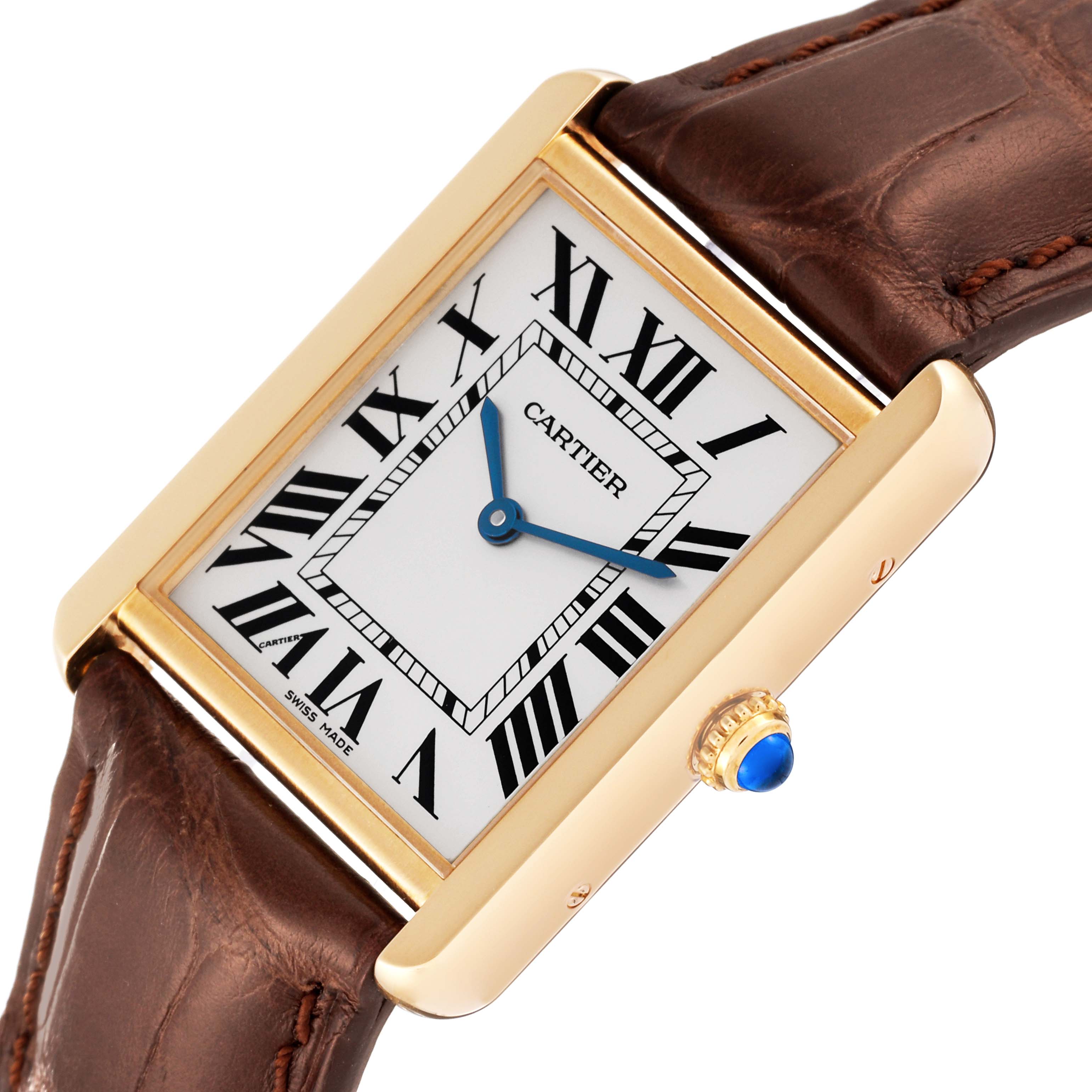 The image shows a close-up view of the Cartier Tank Solo W5200004 Men
s Steel and Gold (two tone) Silver Dial W5200004 Men
s Steel and Gold (two tone) Silver Dial watch, highlighting the front face, Roman numerals, blue hands, and leather strap.