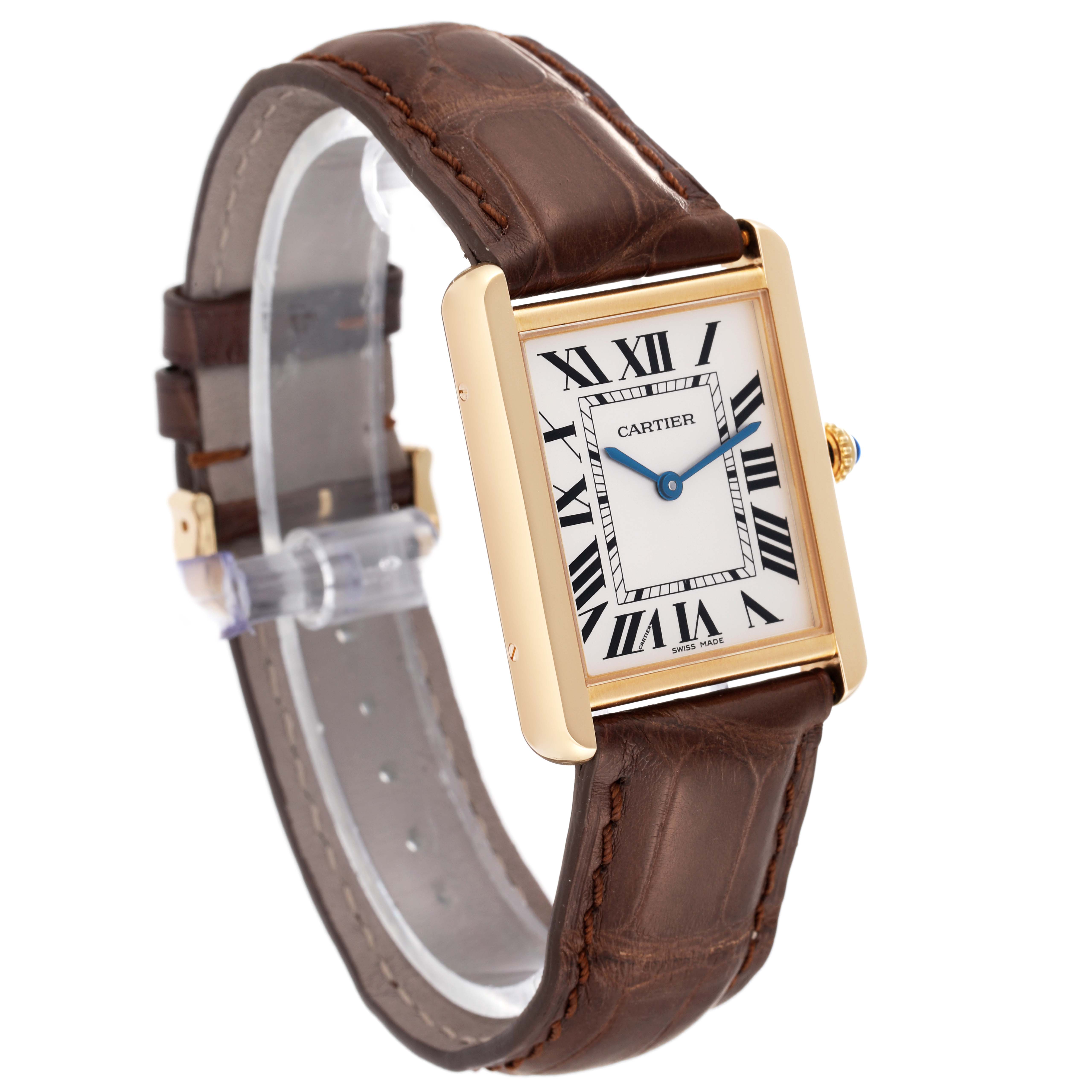 The Cartier Tank Solo W5200004 Men
s Steel and Gold (two tone) Silver Dial W5200004 Men
s Steel and Gold (two tone) Silver Dial watch is shown at a three-quarter angle, highlighting its leather strap and rectangular gold case with a white dial.