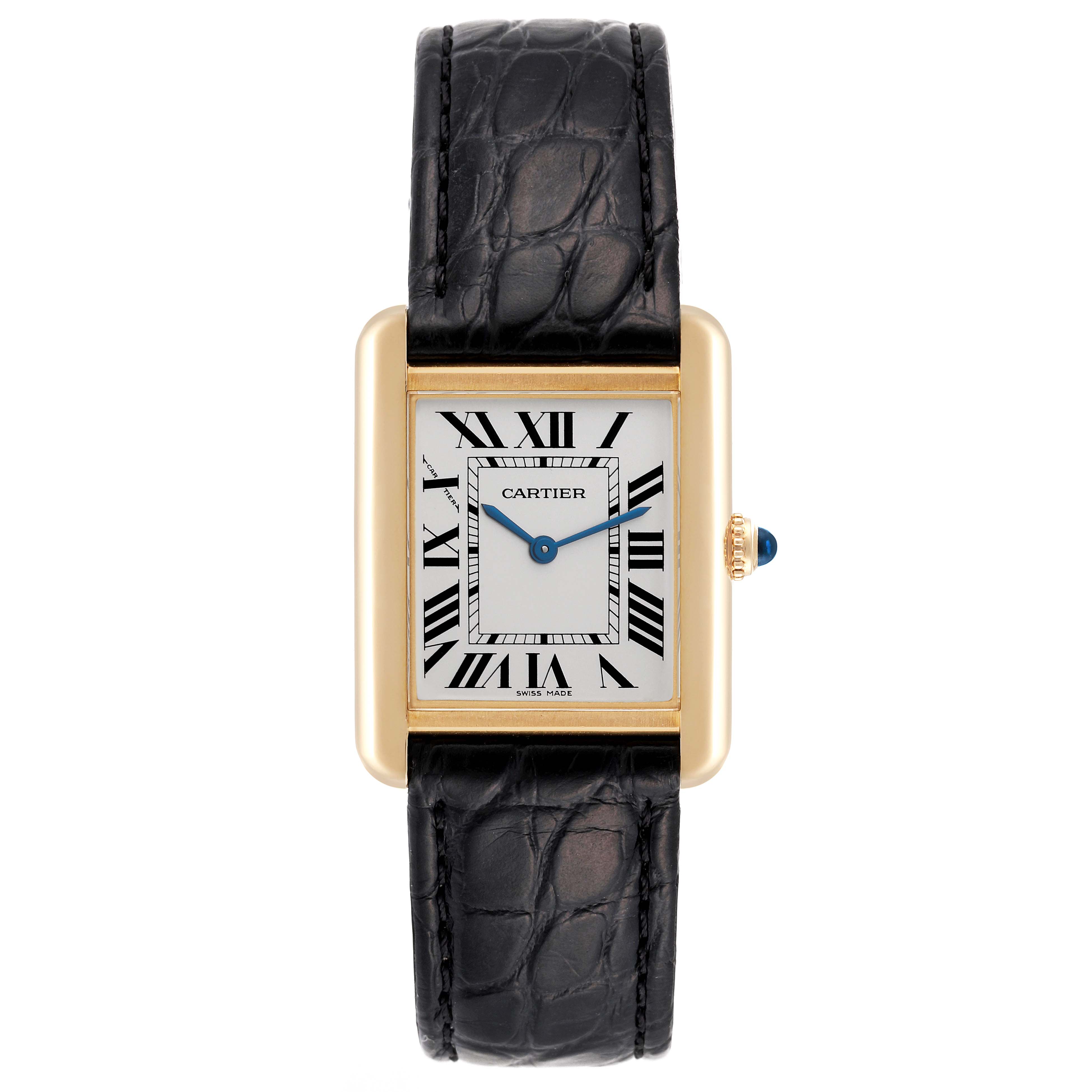 This image shows a front view of the Cartier Tank Solo W1018755 Women's Yellow Gold Silver Dial W1018755 Women's Yellow Gold Silver Dial watch, displaying its rectangular face, Roman numerals, and black strap.