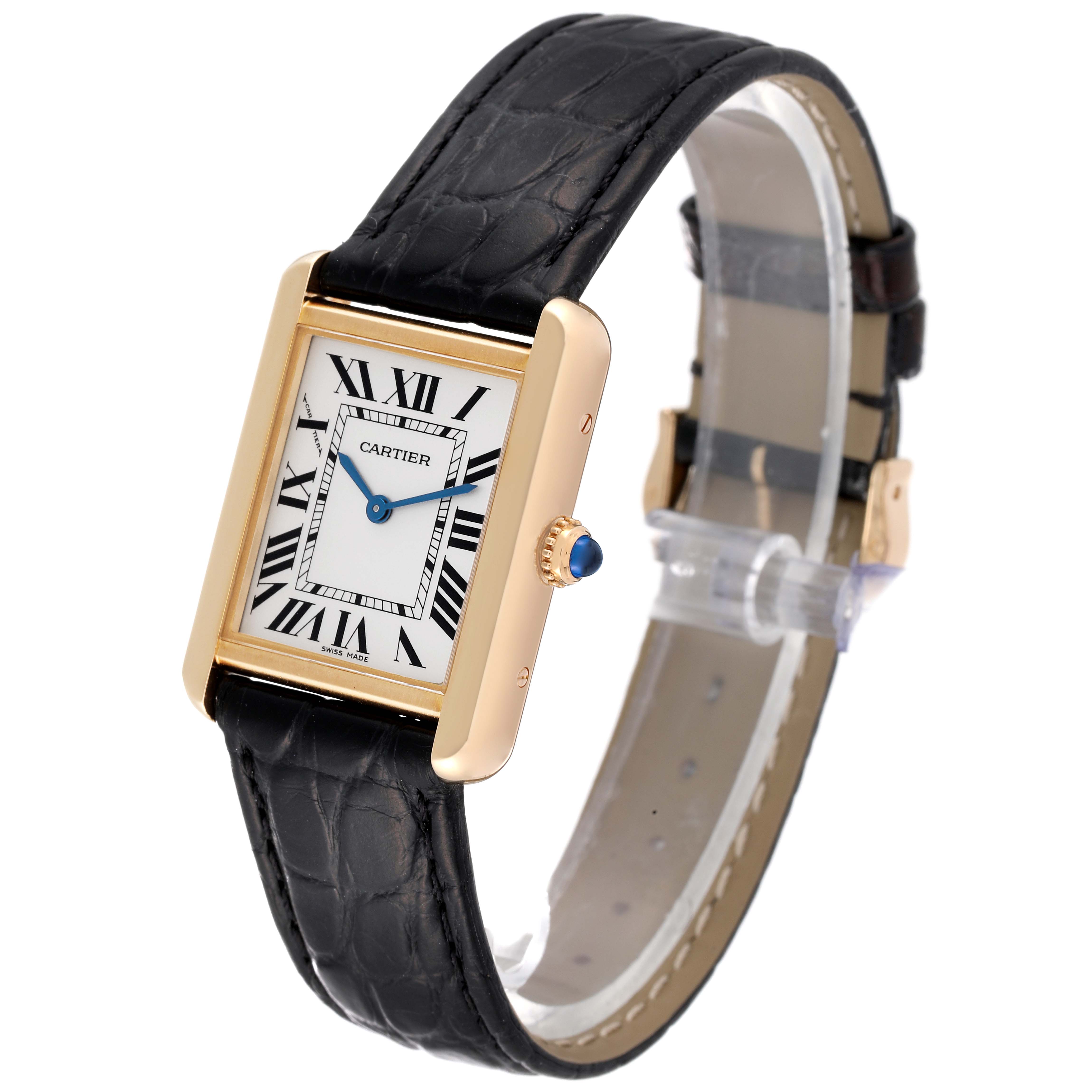 The image shows a Cartier Tank Solo W1018755 Women's Yellow Gold Silver Dial W1018755 Women's Yellow Gold Silver Dial watch angled slightly to the right, displaying the dial, crown, and leather strap.