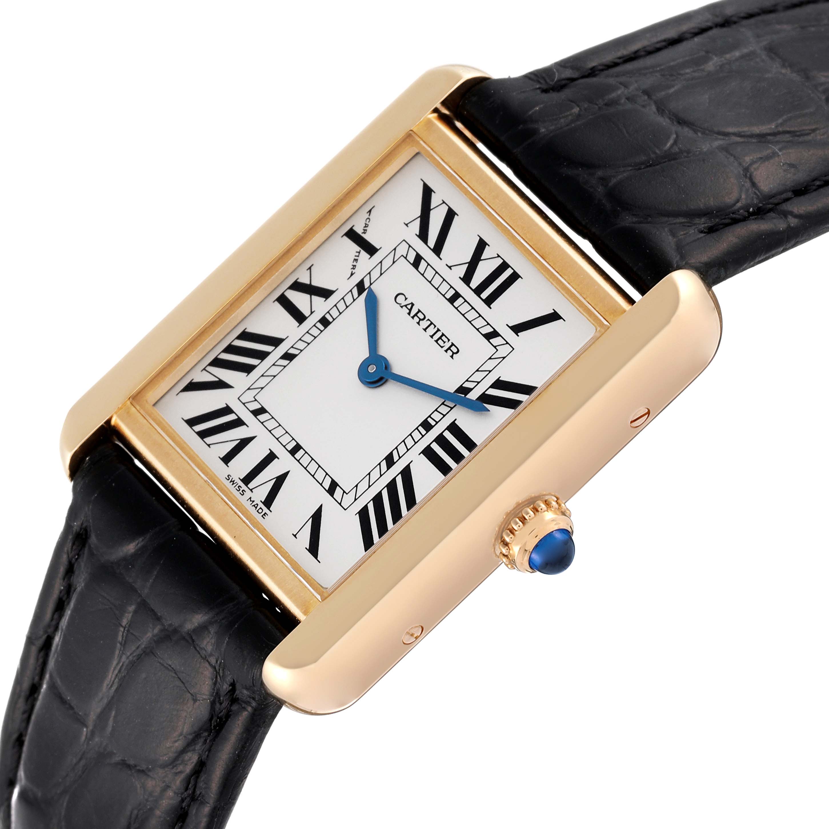 The image shows a Cartier Tank Solo W1018755 Women's Yellow Gold Silver Dial W1018755 Women's Yellow Gold Silver Dial watch at a slight angle, highlighting the face, crown, and black leather strap.