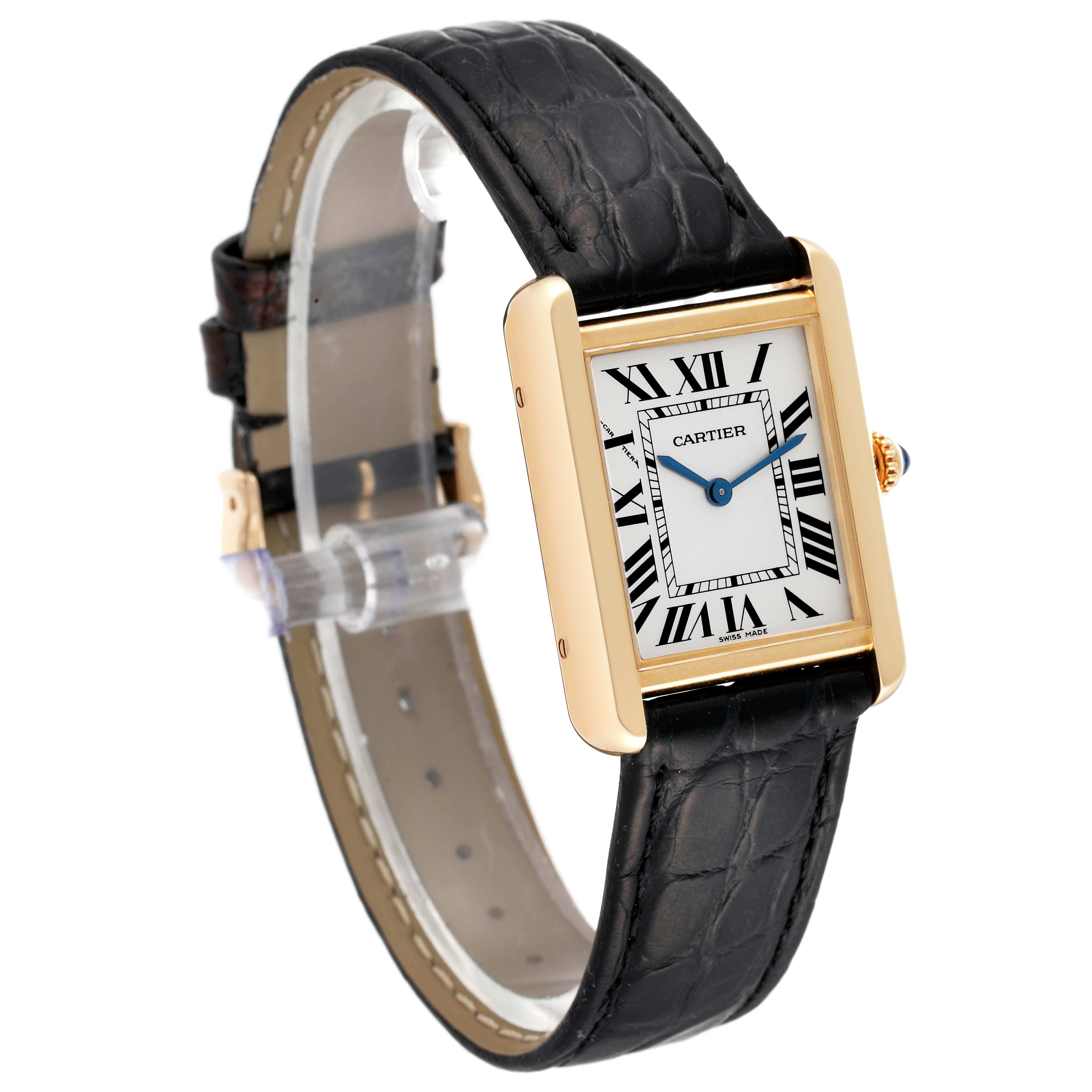The Cartier Tank Solo W1018755 Women's Yellow Gold Silver Dial W1018755 Women's Yellow Gold Silver Dial watch is shown at a three-quarter angle, displaying the dial, rectangular case, and leather strap.