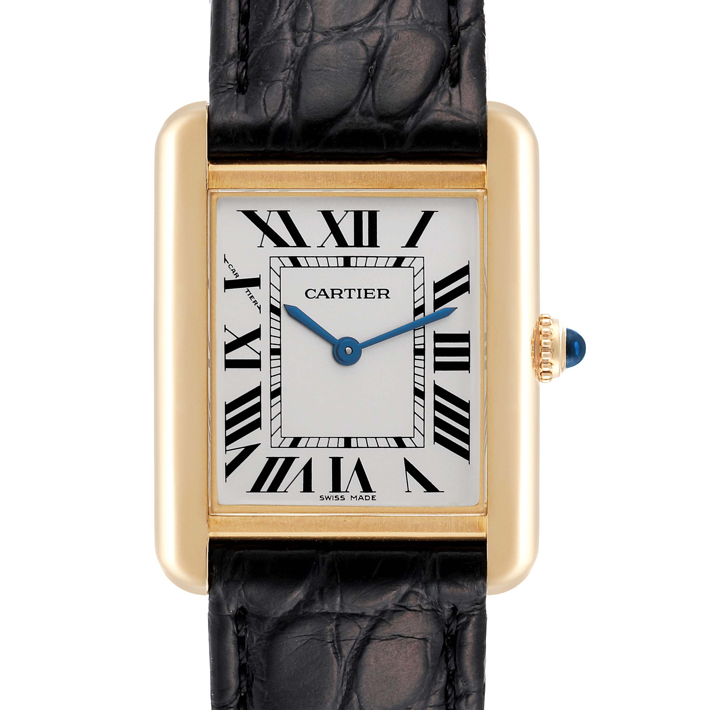 This image shows a front view of the Cartier Tank Solo W1018755 Women's Yellow Gold Silver Dial W1018755 Women's Yellow Gold Silver Dial watch, highlighting its rectangular face, Roman numerals, and leather strap.