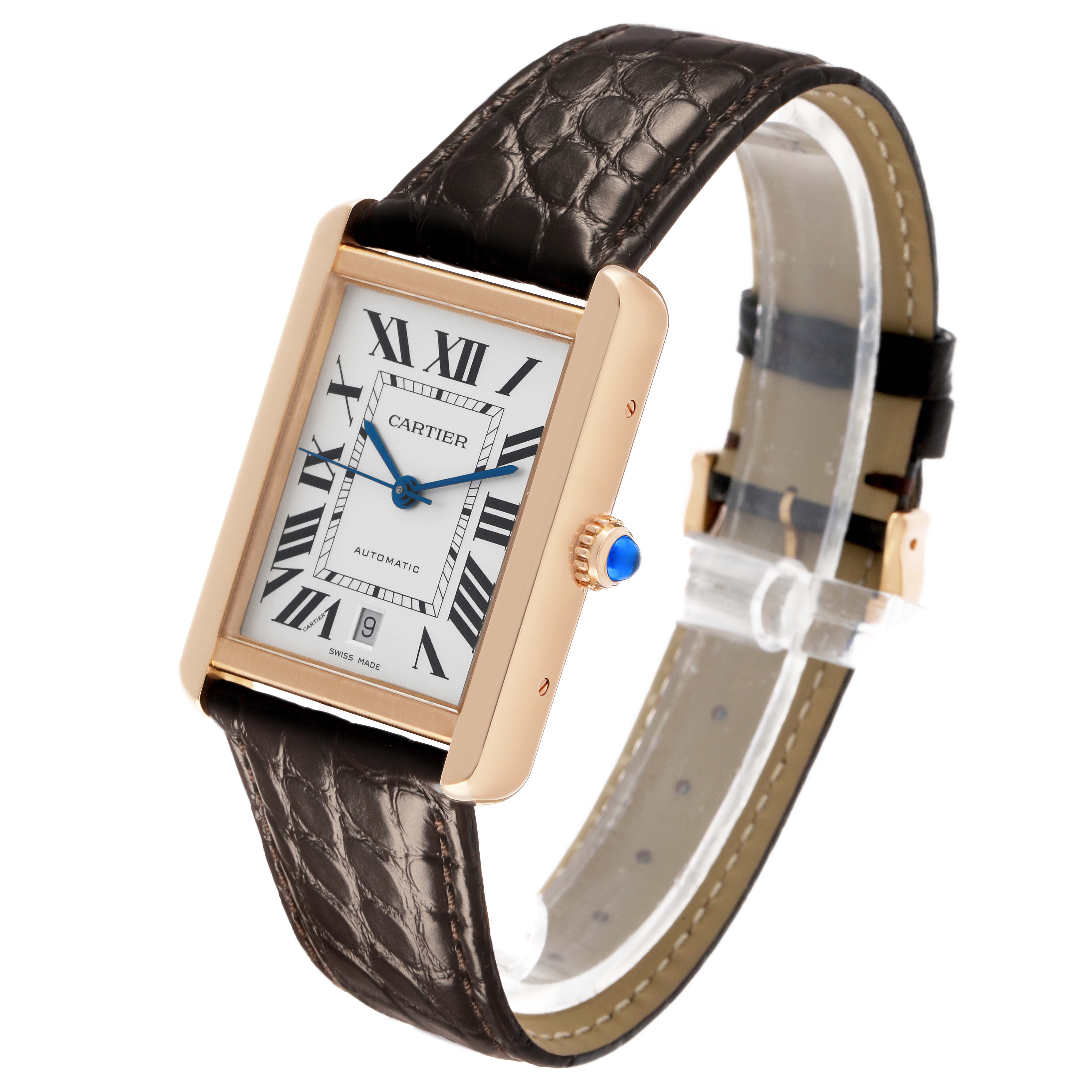 The Cartier Tank Solo W5200026 Men's Steel and Gold (two tone) Silver Dial watch is shown at an angled side view, displaying its face, crown, case, and leather strap.