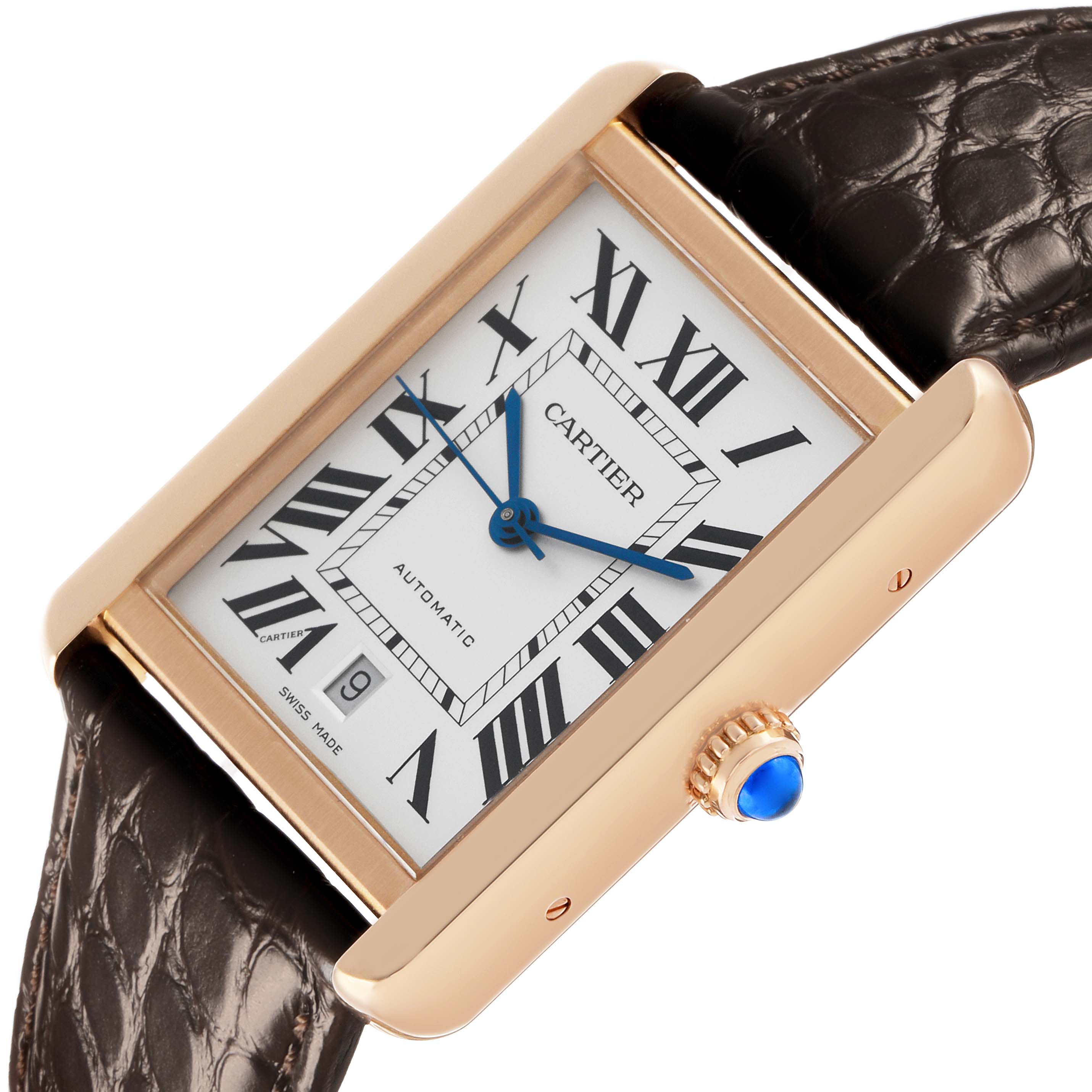 The Cartier Tank Solo W5200026 Men's Steel and Gold (two tone) Silver Dial watch is shown at an angle highlighting its rectangular face, Roman numerals, and a blue cabochon crown.