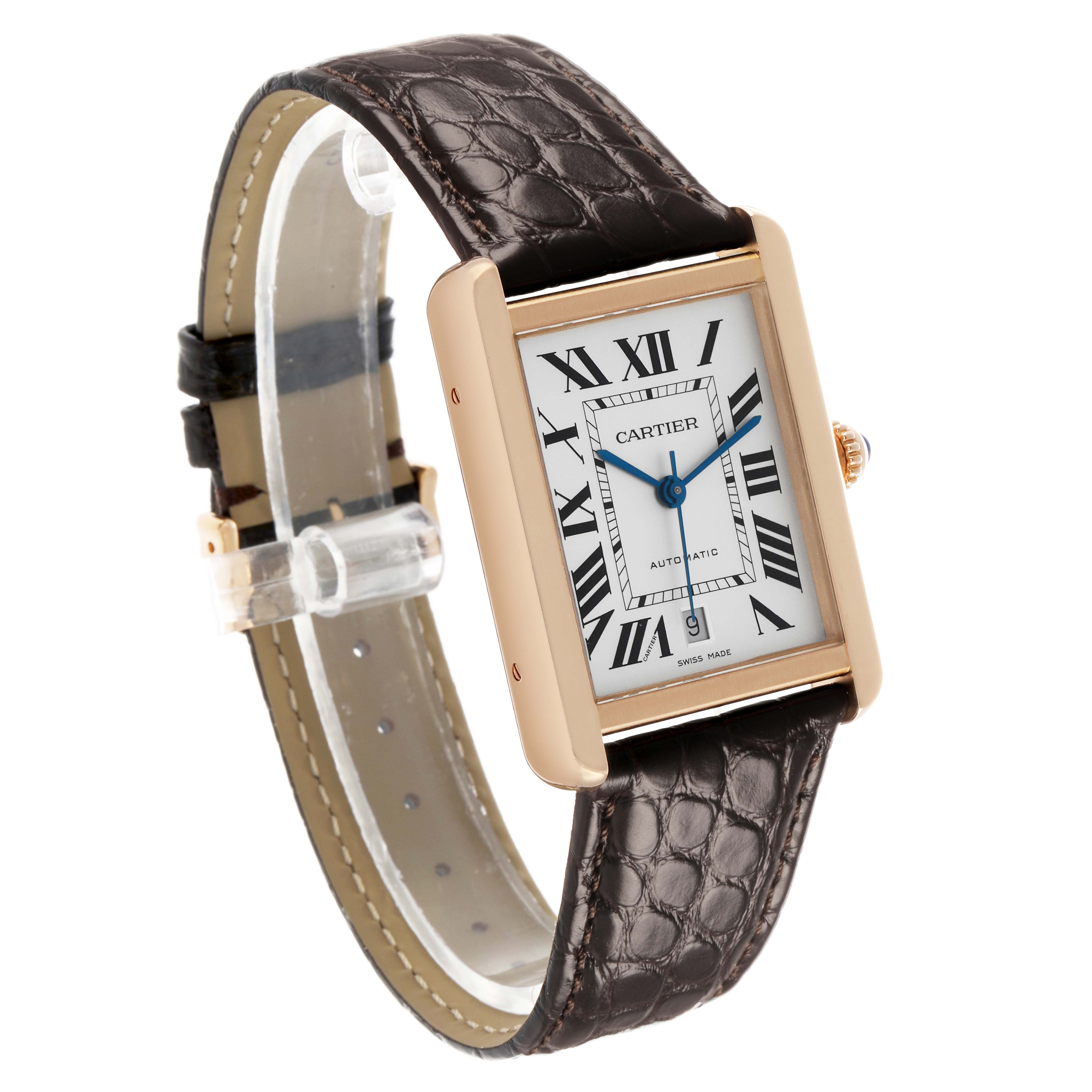 The Cartier Tank Solo W5200026 Men's Steel and Gold (two tone) Silver Dial watch is shown at a three-quarter angle, highlighting its rectangular dial, Roman numerals, and leather strap.