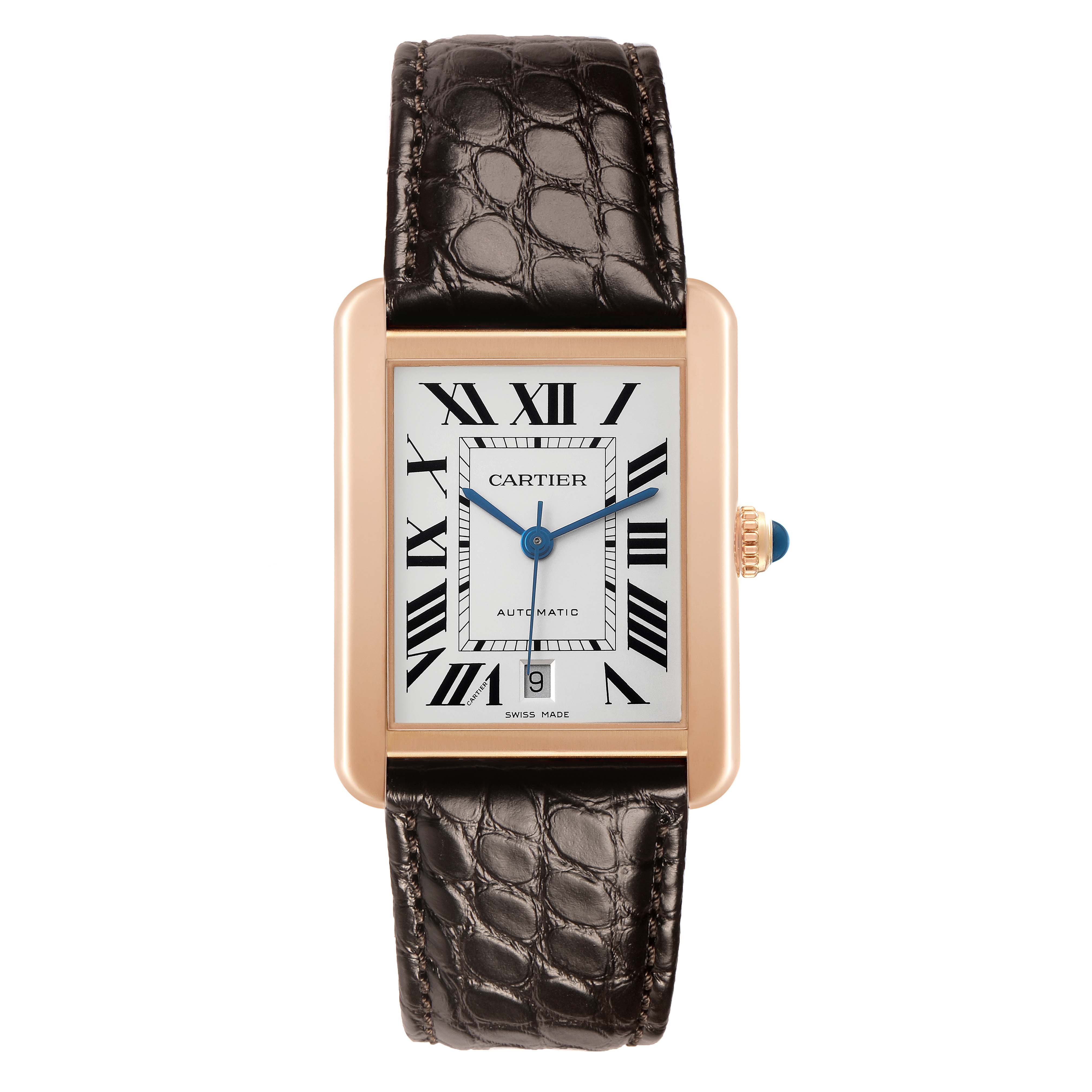 The Cartier Tank Solo W5200026 Men's Steel and Gold (two tone) Silver Dial watch is shown from the front, highlighting its face, strap, and crown.