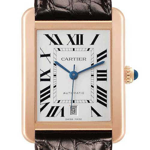 The Cartier Tank Solo W5200026 Men's Steel and Gold (two tone) Silver Dial is shown from the front, highlighting its rectangular dial, Roman numerals, blue hands, and date window.