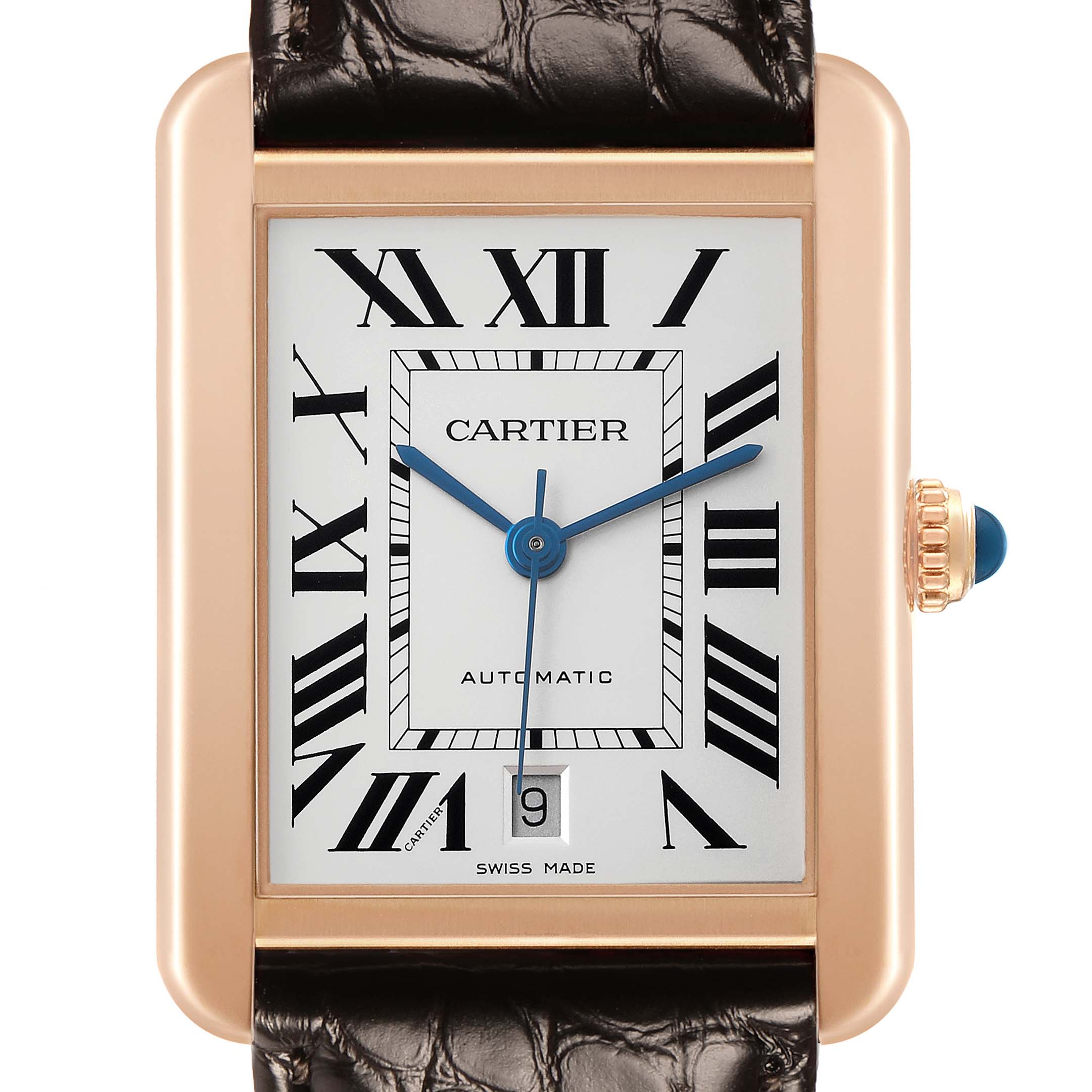 The Cartier Tank Solo W5200026 Men's Steel and Gold (two tone) Silver Dial watch is shown from the front, highlighting its rectangular face, Roman numerals, and date display.