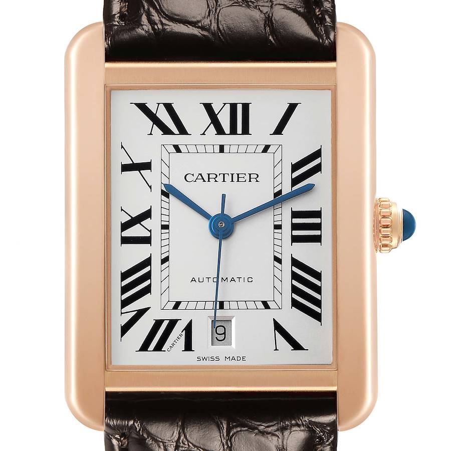 The Cartier Tank Solo W5200026 Men's Steel and Gold (two tone) Silver Dial watch is shown from the front, highlighting its rectangular face, Roman numerals, and date display.