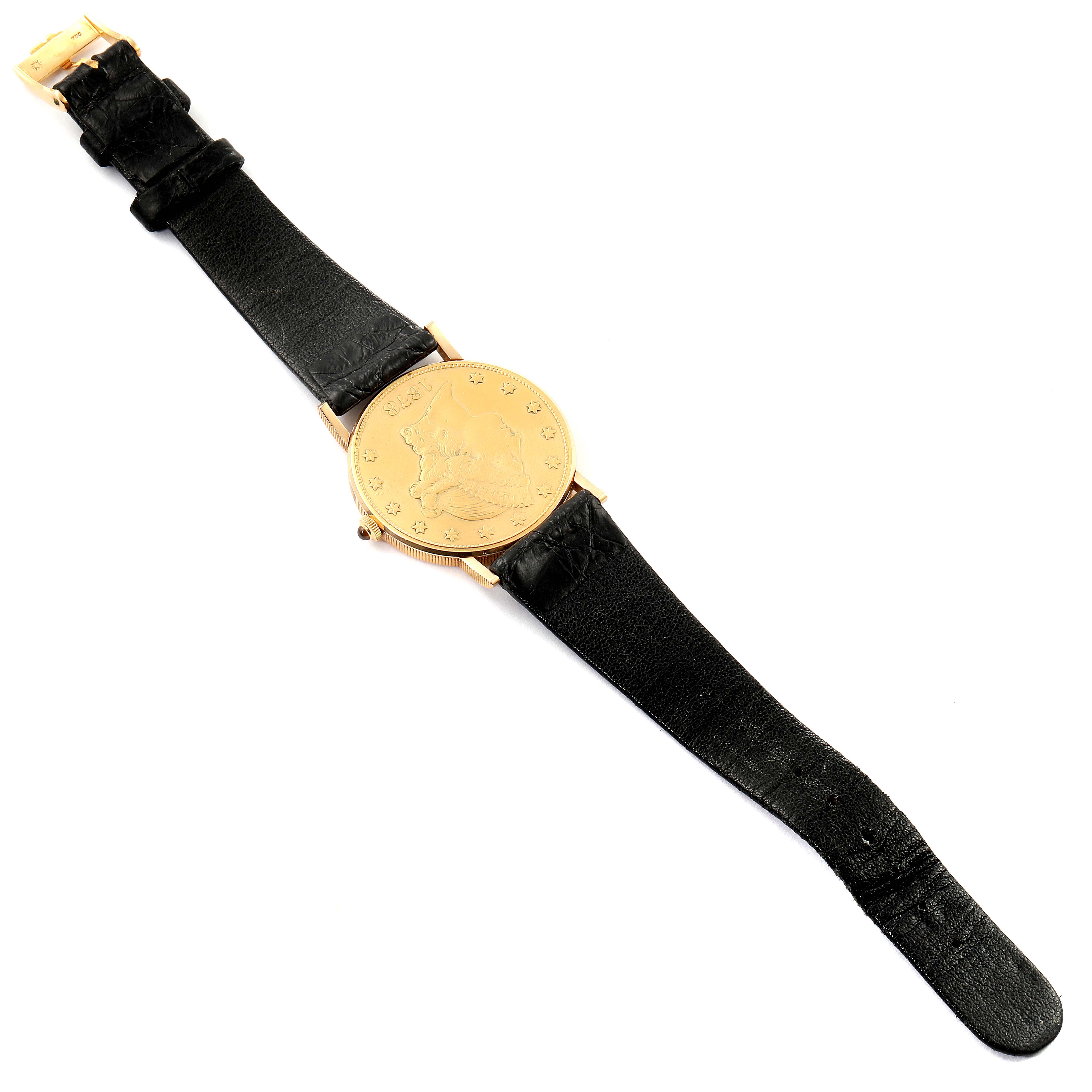 This image shows a Corum Coin Watch 1878 Men's Yellow Gold Black Dial 1878 Men's Yellow Gold Black Dial model, showcasing the full watch with a detailed view of its golden coin dial and black leather strap.