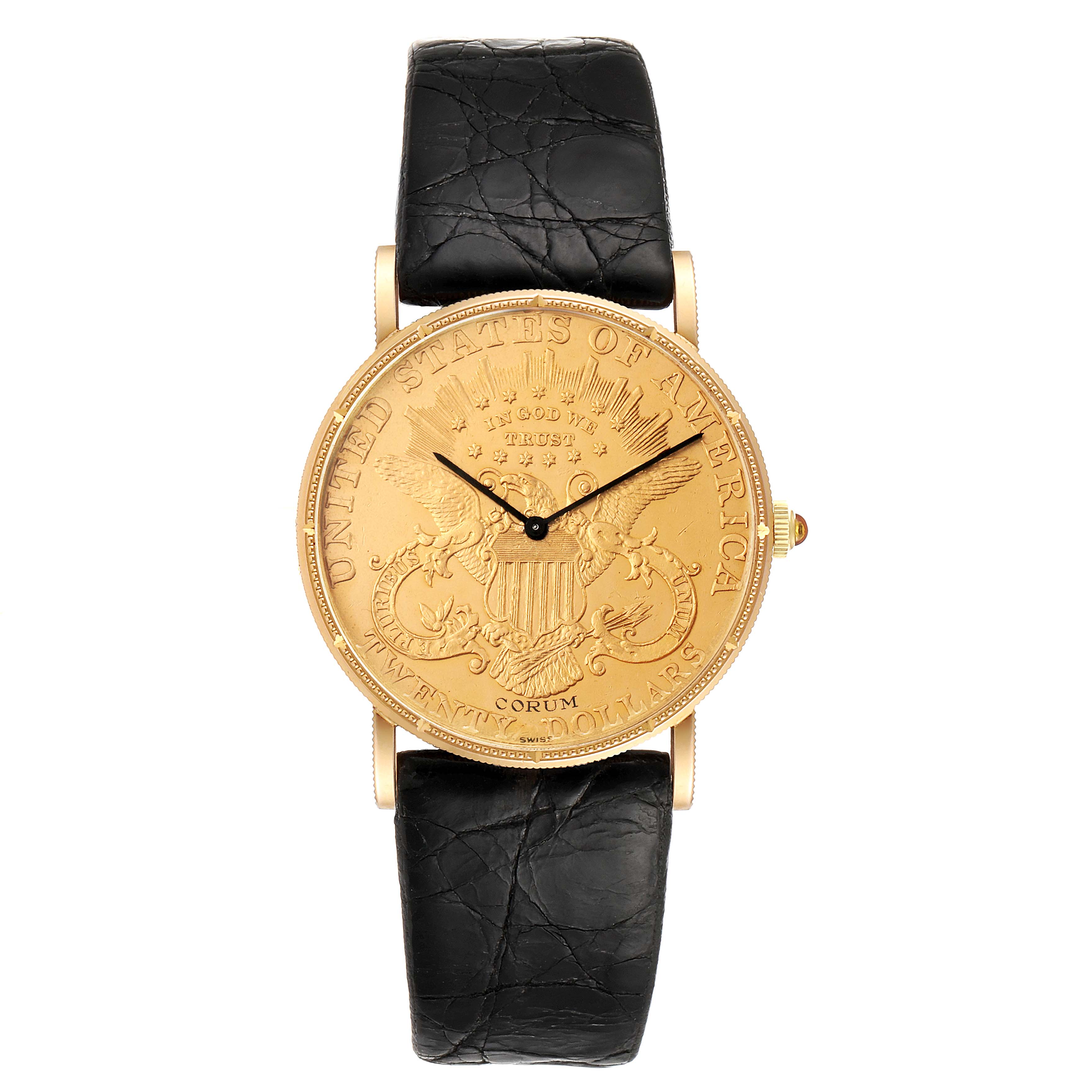 The image shows a Corum Coin Watch 1878 Men's Yellow Gold Black Dial 1878 Men's Yellow Gold Black Dial model from a front angle, highlighting its gold coin dial and black leather strap.