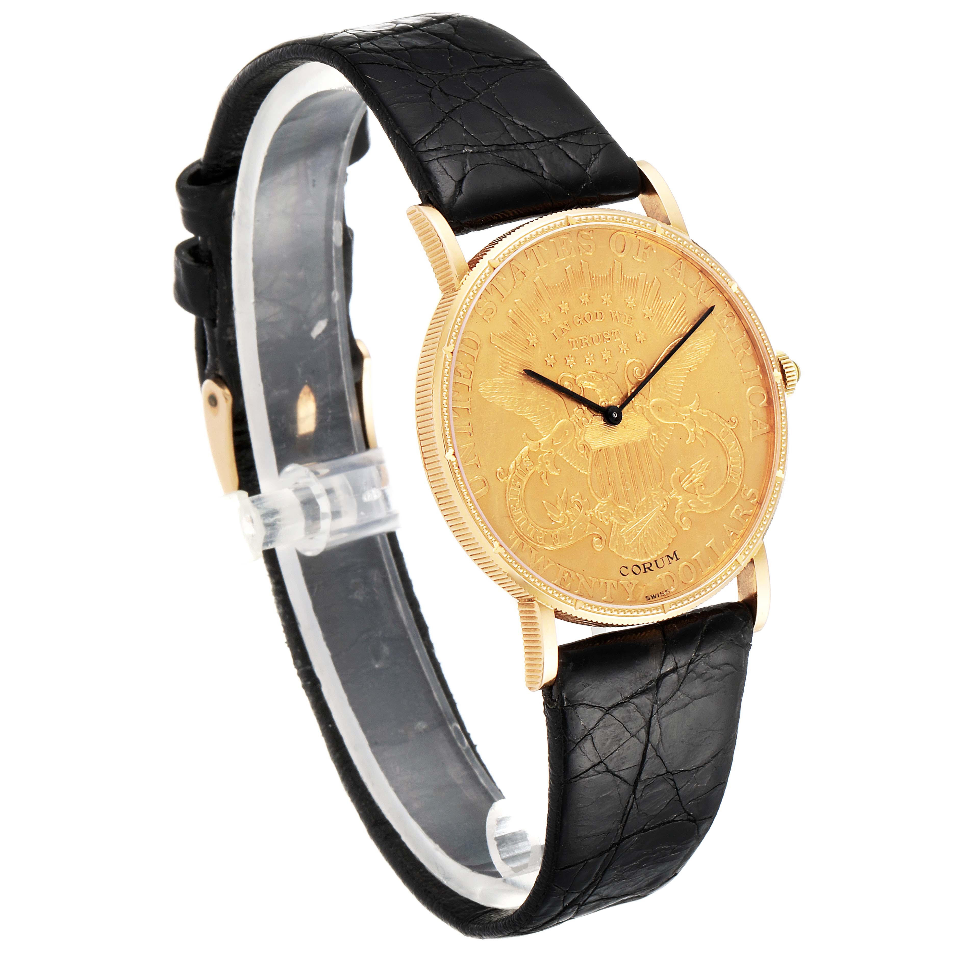 This image shows a Corum Coin Watch 1878 Men's Yellow Gold Black Dial 1878 Men's Yellow Gold Black Dial model at a three-quarter angle, highlighting the gold dial, black leather strap, and gold lugs.