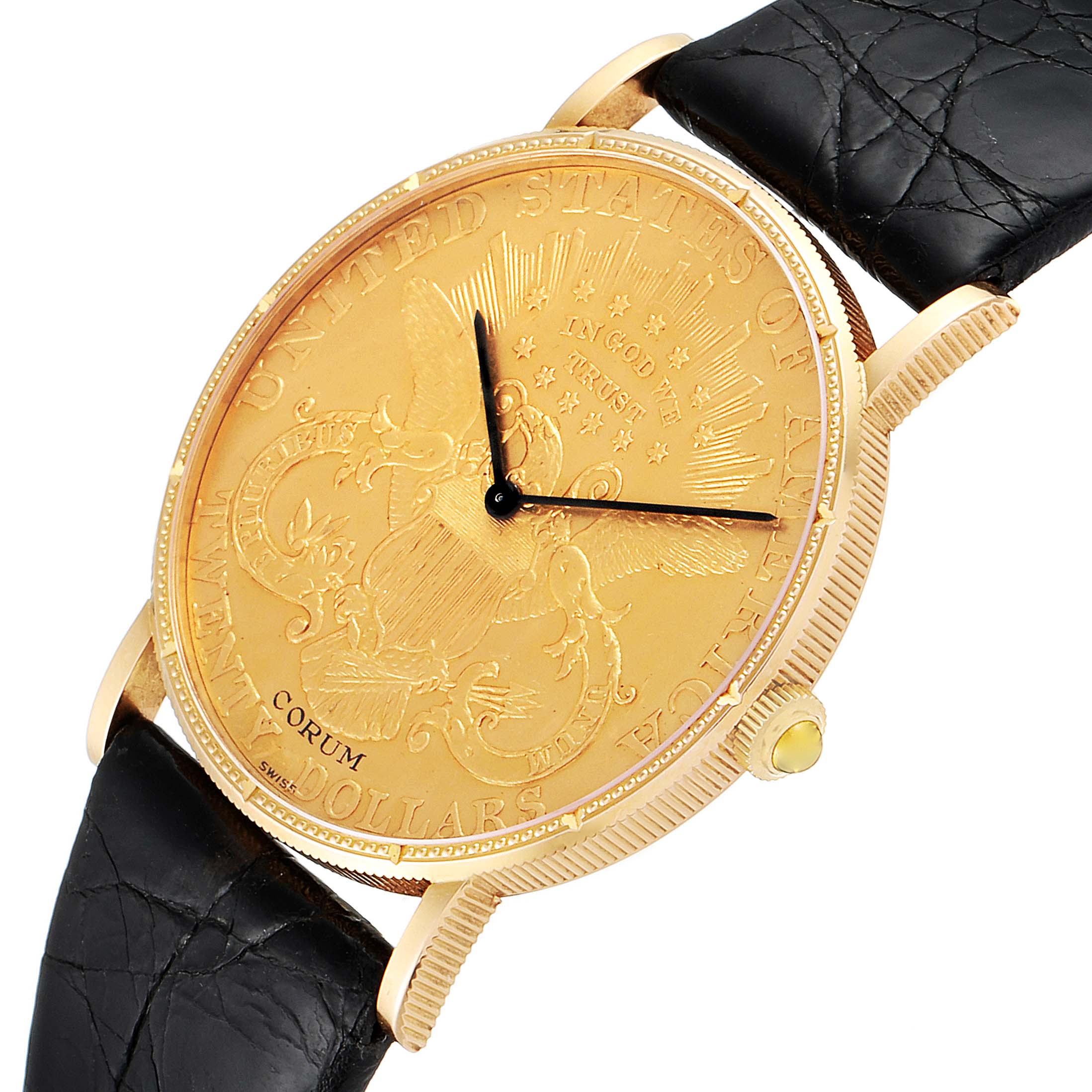 This image shows a Corum Coin Watch 1878 Men's Yellow Gold Black Dial 1878 Men's Yellow Gold Black Dial model from a front angle, highlighting its golden coin face and black leather strap.