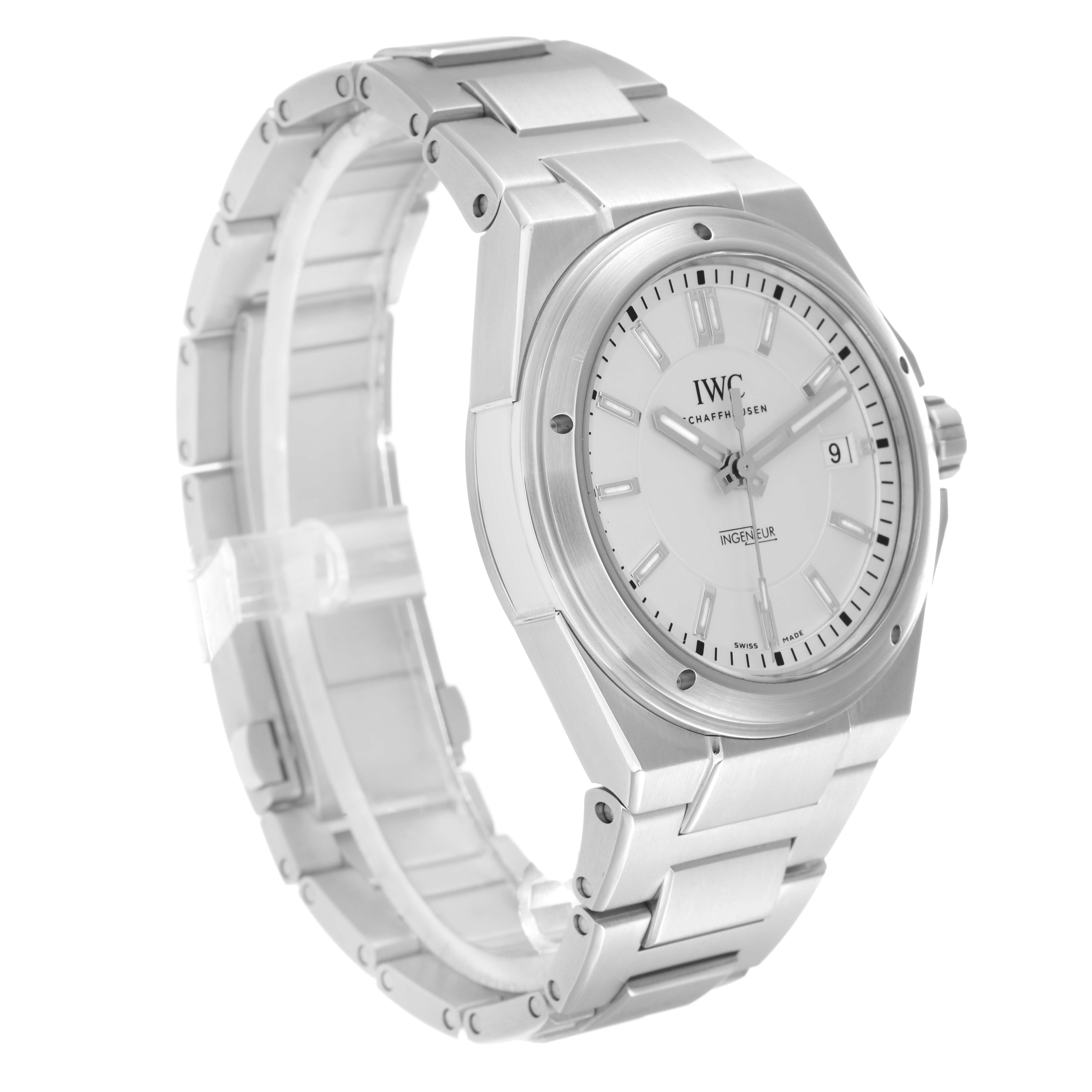 The IWC Ingenieur IW323904 Men's Stainless Steel White Dial watch is shown at a front three-quarter angle, highlighting its face, bezel, and bracelet.