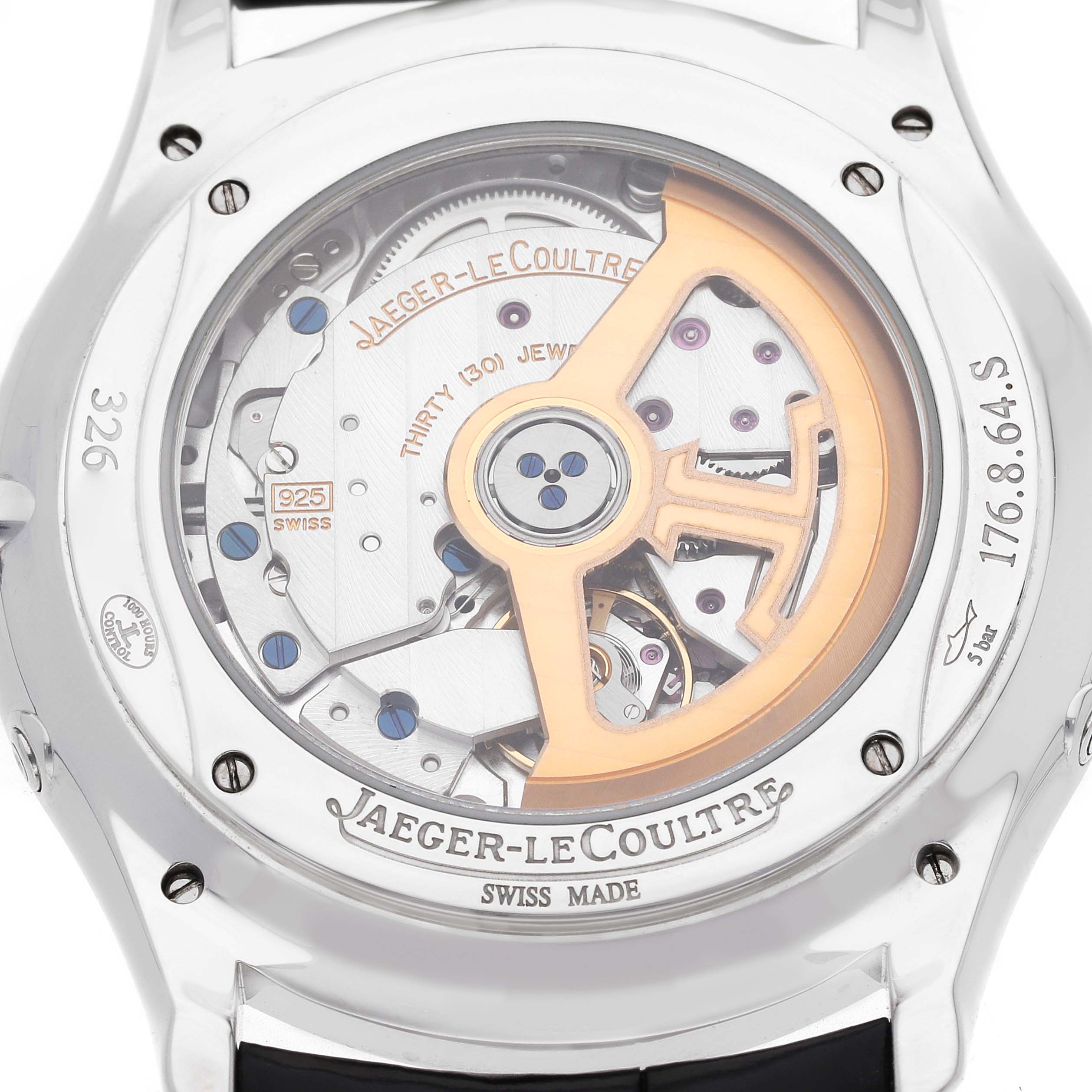 The image shows the back view of the Jaeger-LeCoultre Master model, highlighting its intricate mechanical movement.