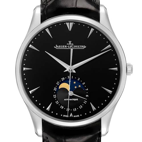 The Jaeger LeCoultre Master Q1368470 Men's Stainless Steel Black Dial watch is shown from the front, highlighting the dial with moon phase and date features.