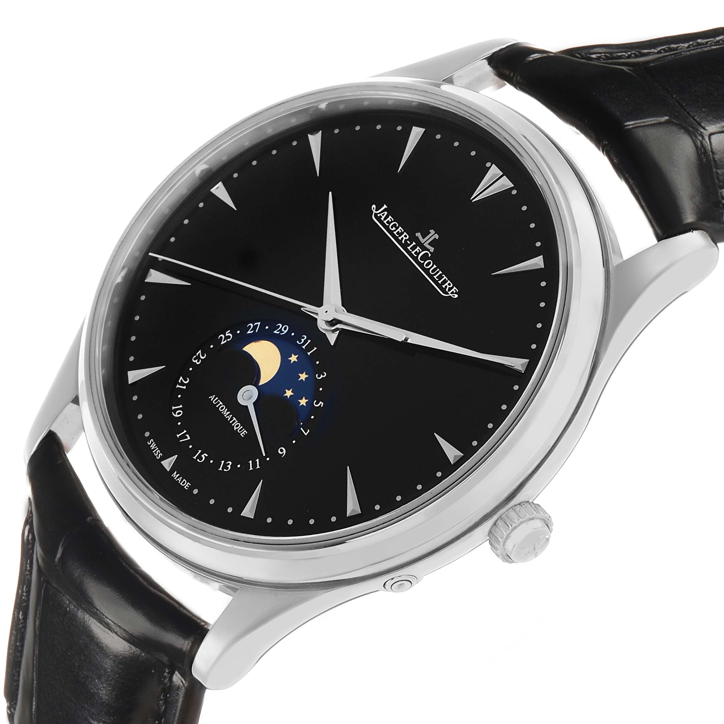 The Jaeger LeCoultre Master Q1368470 Men's Stainless Steel Black Dial watch is shown at a tilted angle, highlighting the dial, moon phase indicator, and crown.