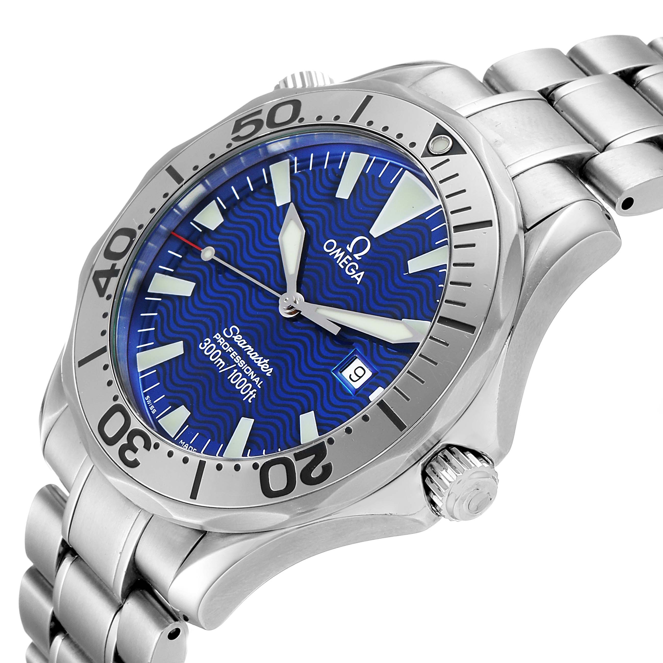 The image shows an angled view of the Omega Seamaster 2265.80.00 Men
s Stainless Steel Blue Dial 2265.80.00 Men
s Stainless Steel Blue Dial watch, highlighting its blue dial, bezel, crown, and stainless steel band.