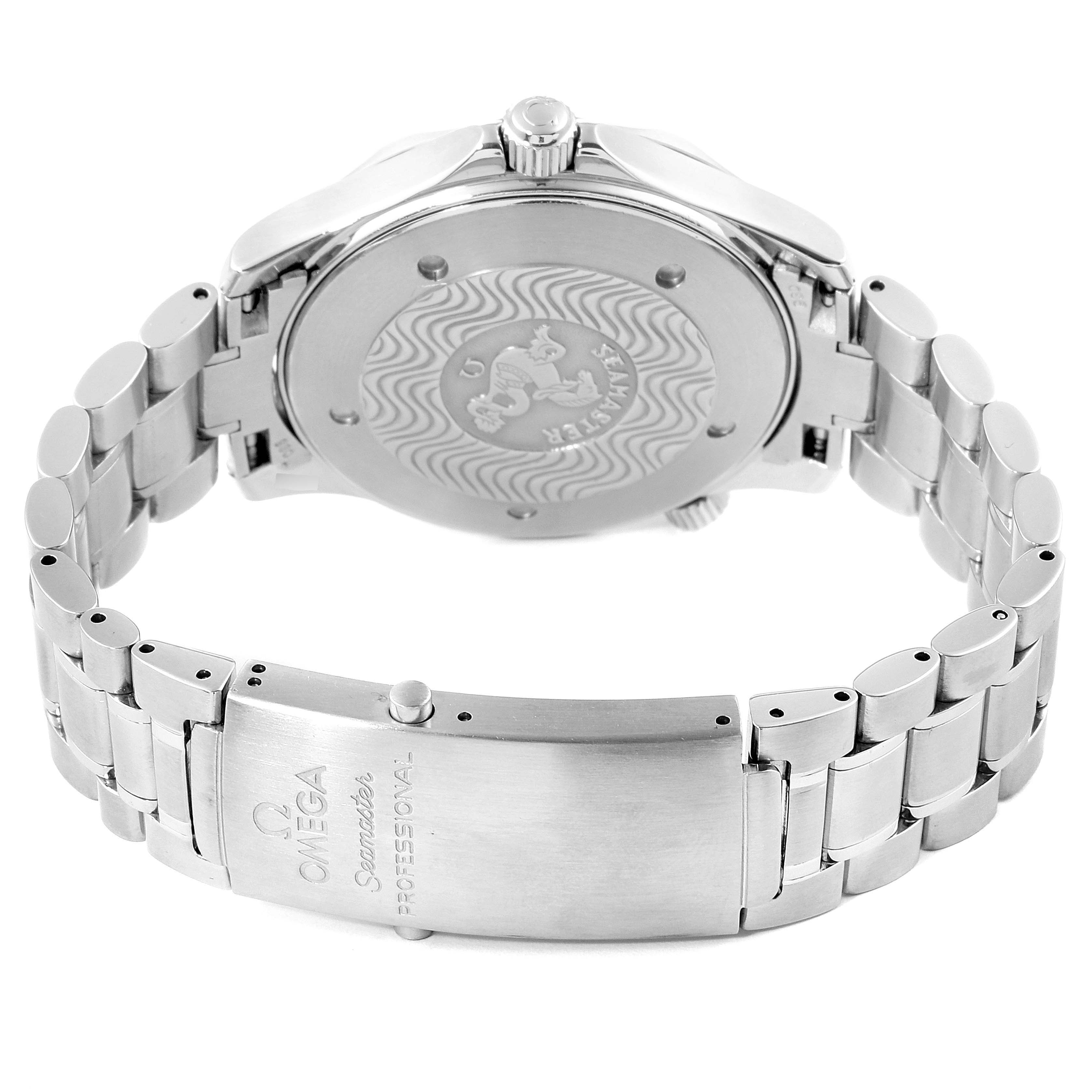 This image shows the back and bracelet clasp of an Omega Seamaster 2265.80.00 Men
s Stainless Steel Blue Dial 2265.80.00 Men
s Stainless Steel Blue Dial watch from a rear angle.