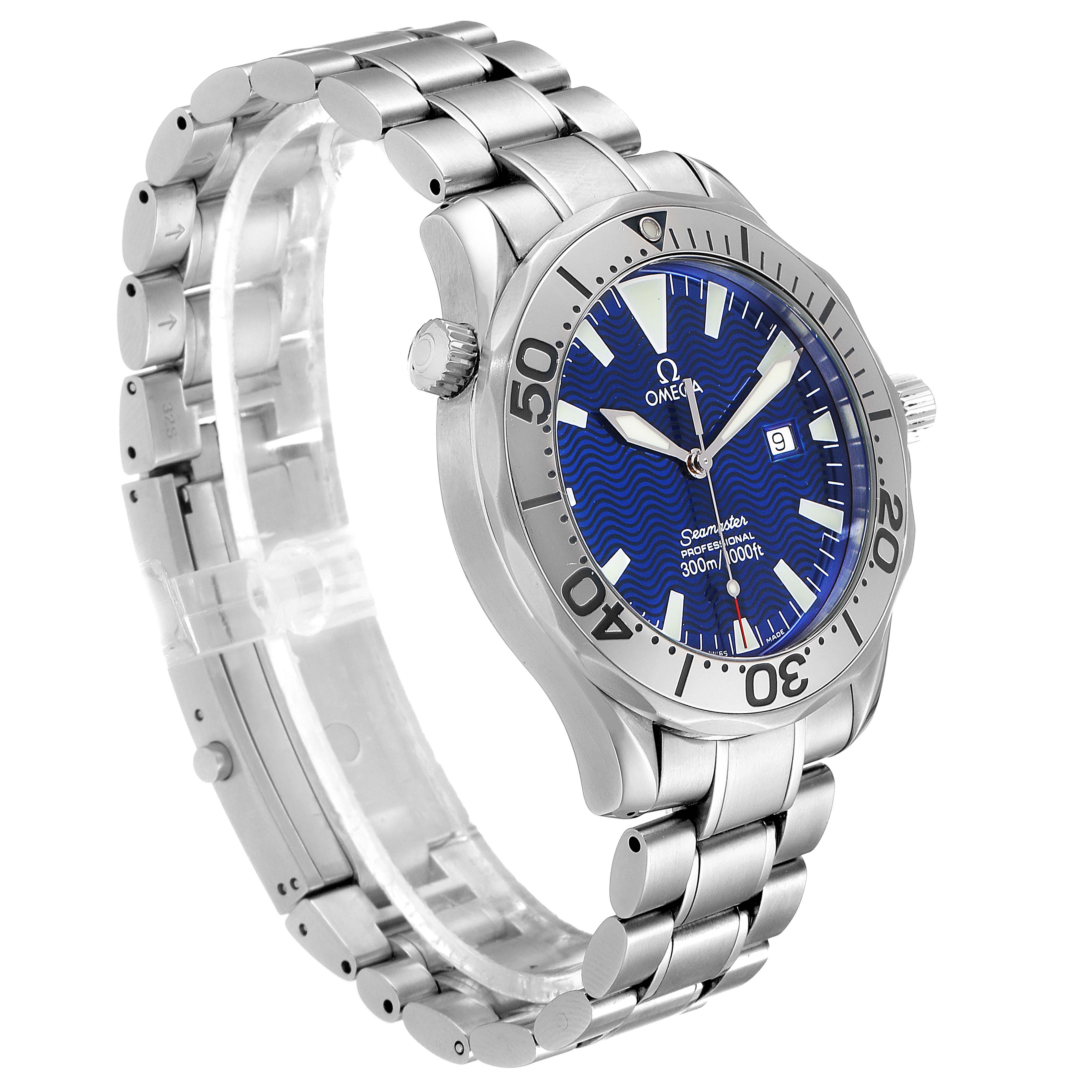 The Omega Seamaster 2265.80.00 Men
s Stainless Steel Blue Dial 2265.80.00 Men
s Stainless Steel Blue Dial watch is shown at a three-quarter angle, highlighting the blue dial, bezel, and metal bracelet.