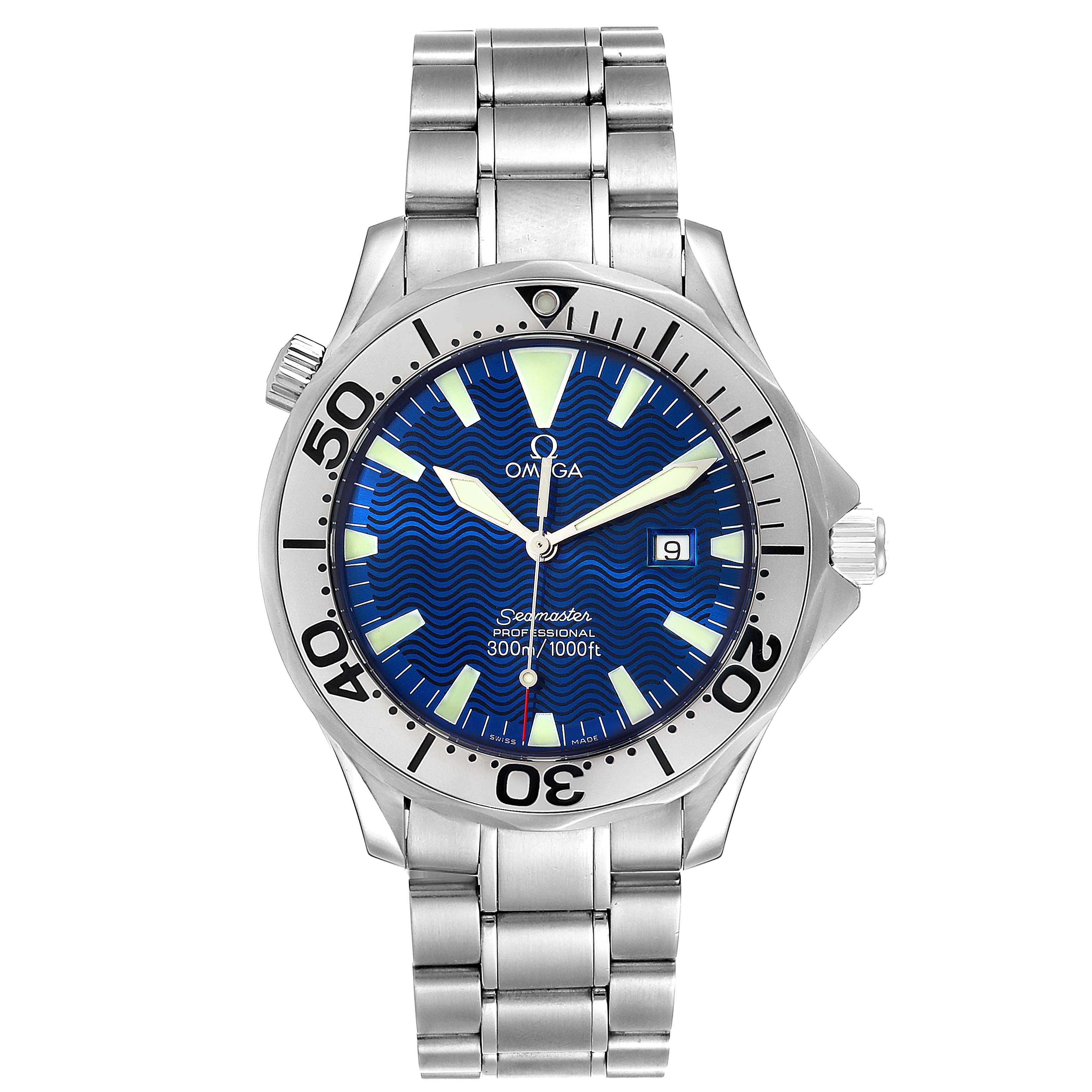 The image shows a front view of an Omega Seamaster 2265.80.00 Men
s Stainless Steel Blue Dial 2265.80.00 Men
s Stainless Steel Blue Dial watch, highlighting its dial, bezel, crown, and stainless steel bracelet.