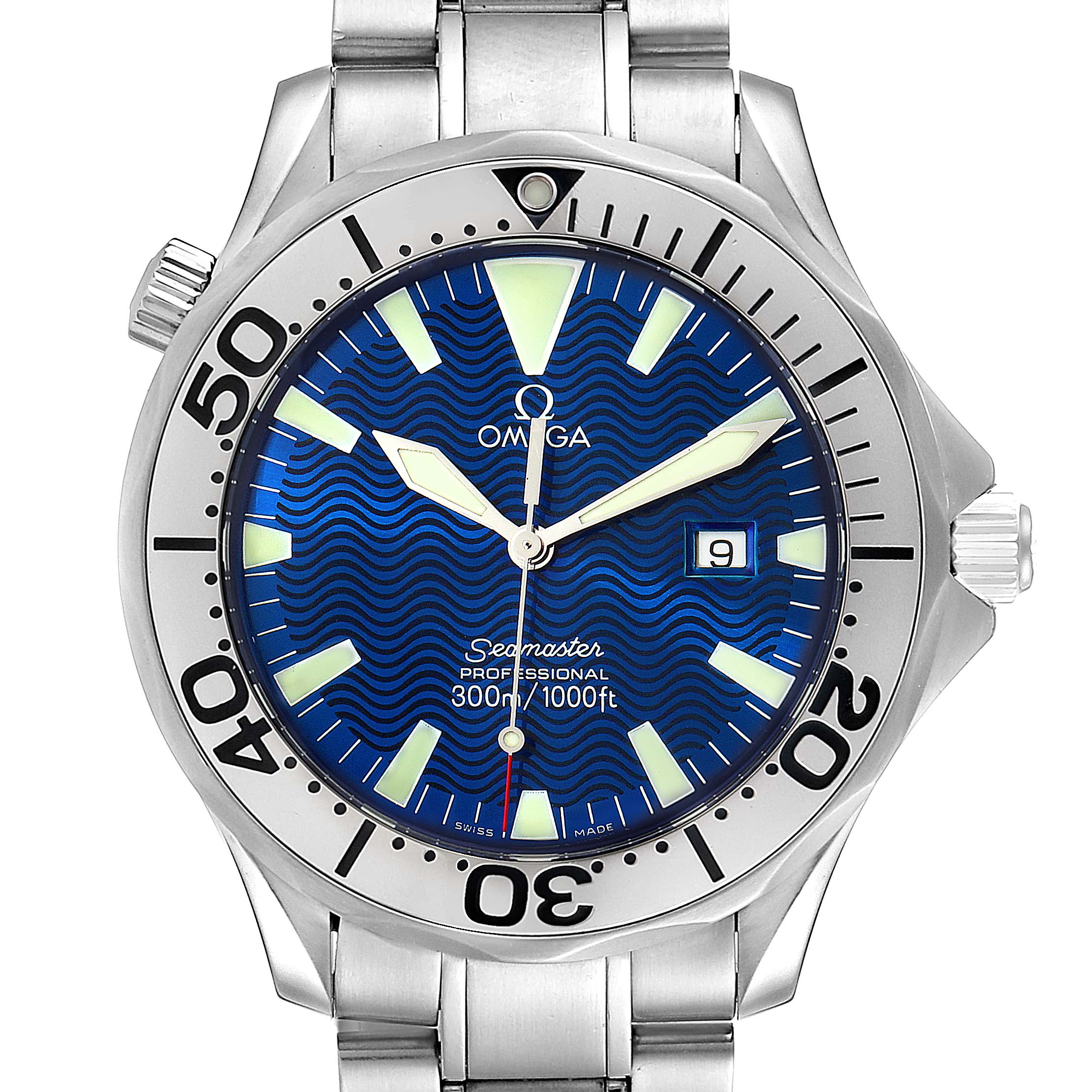 The image shows a front view of an Omega Seamaster 2265.80.00 Men
s Stainless Steel Blue Dial 2265.80.00 Men
s Stainless Steel Blue Dial watch, highlighting its dial, bezel, and part of the metal bracelet.