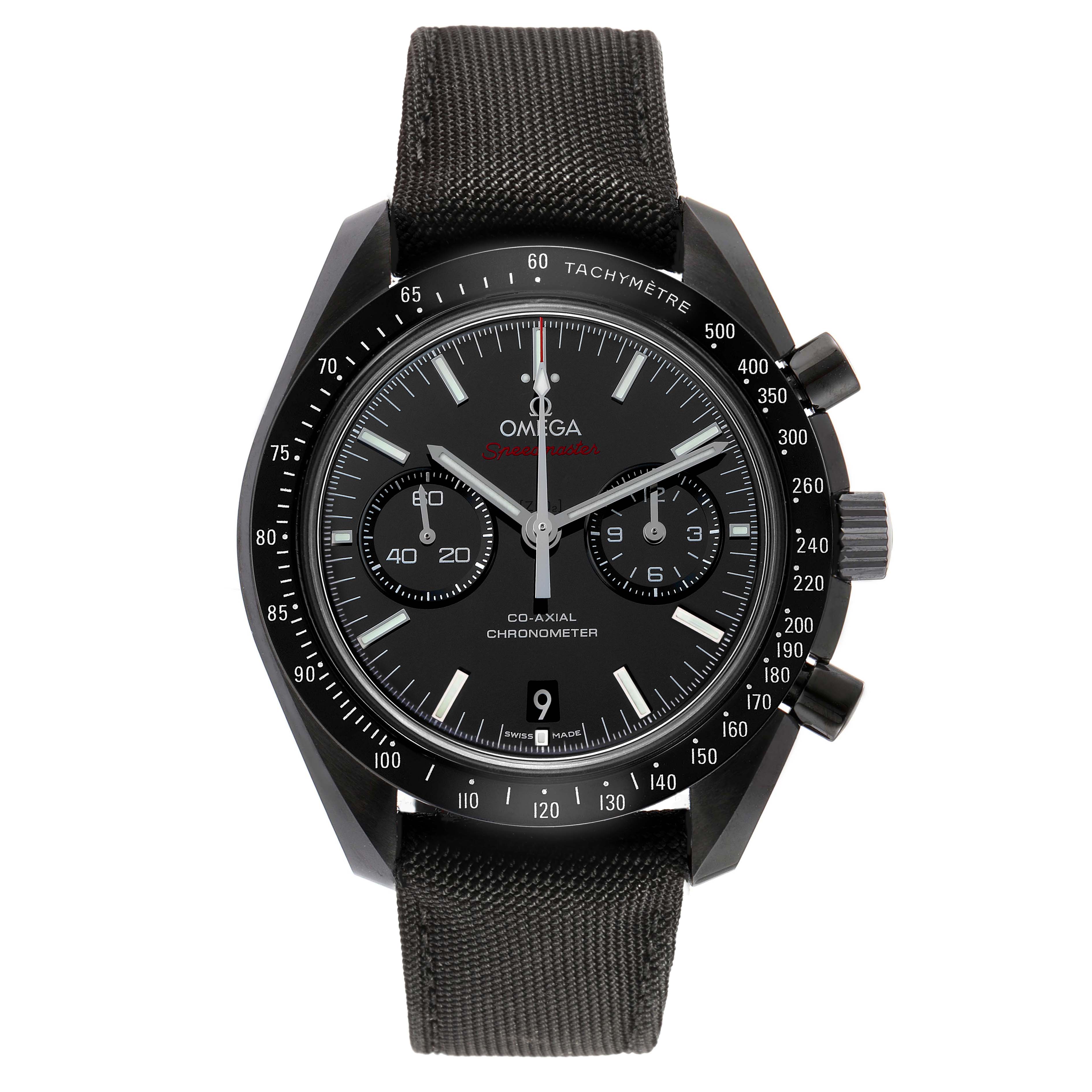The Omega Speedmaster 311.92.44.51.01.007 Men's Ceramic Black Dial watch is shown from the front, displaying the dial, bezel, pushers, and strap.