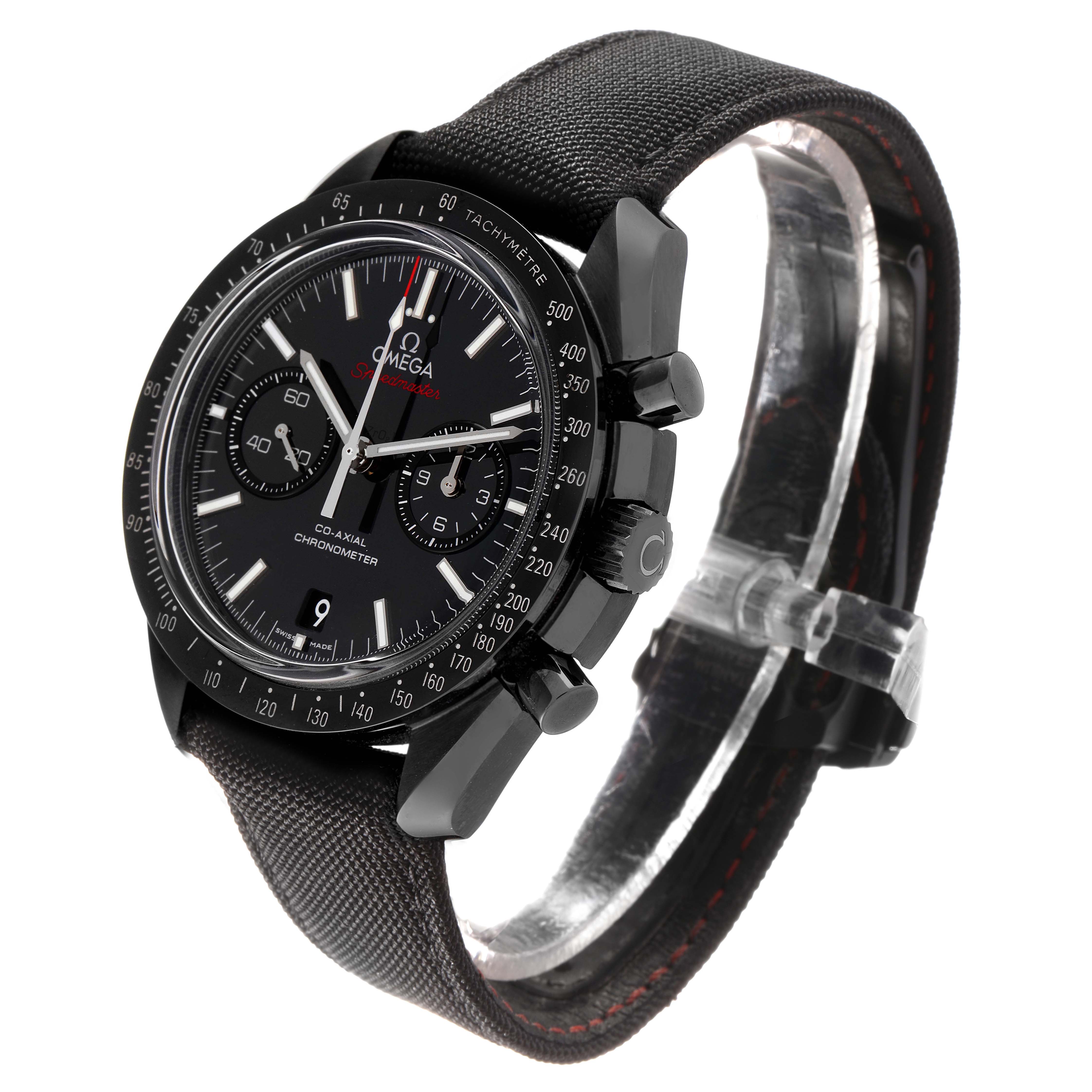 The Omega Speedmaster 311.92.44.51.01.007 Men's Ceramic Black Dial watch is shown at a side angle, highlighting the face, pushers, and textured strap.
