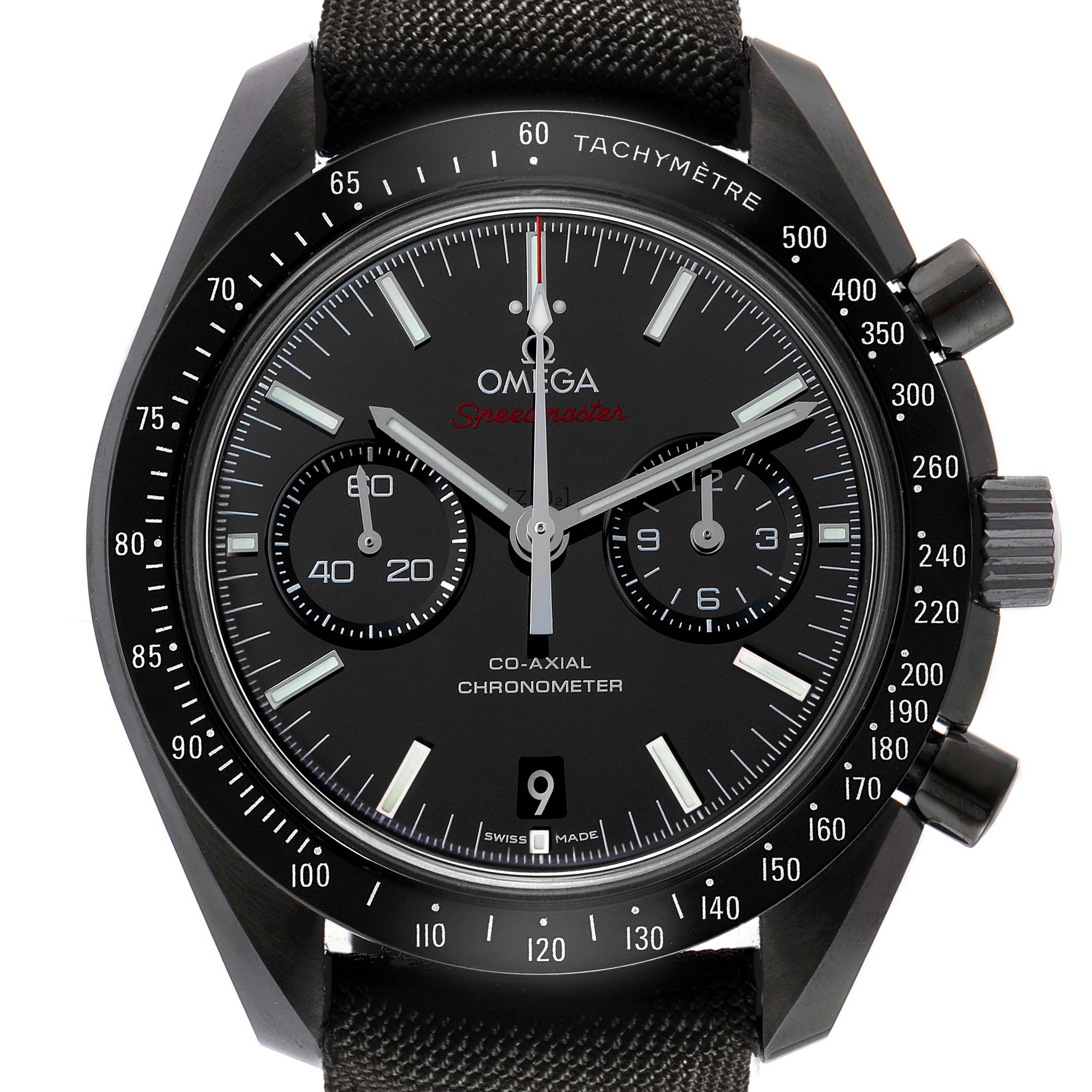 The Omega Speedmaster 311.92.44.51.01.007 Men's Ceramic Black Dial watch is shown from a front angle, displaying the dial, tachymeter, subdials, and crown.
