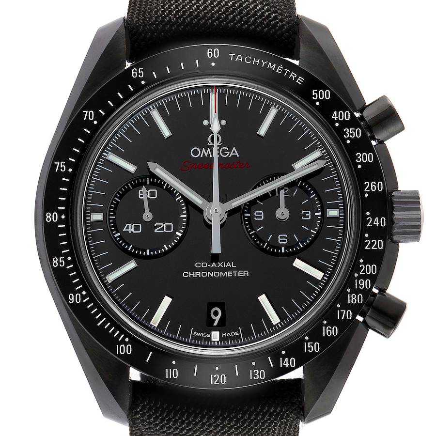 The Omega Speedmaster 311.92.44.51.01.007 Men's Ceramic Black Dial watch is shown from a front angle, displaying the dial, tachymeter, subdials, and crown.