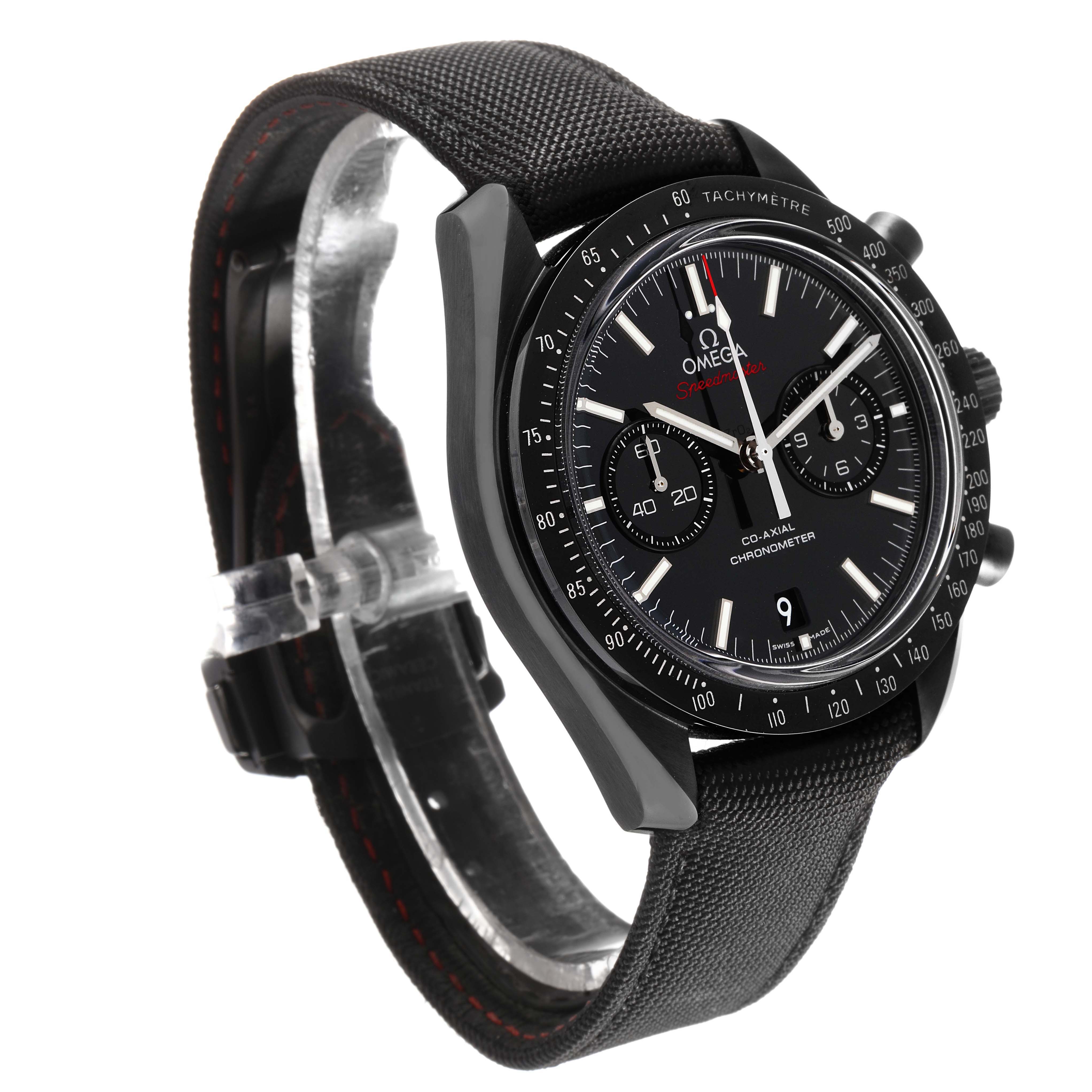 The Omega Speedmaster 311.92.44.51.01.007 Men's Ceramic Black Dial watch is shown at a three-quarter angle, focusing on the dial, tachymeter bezel, and strap.