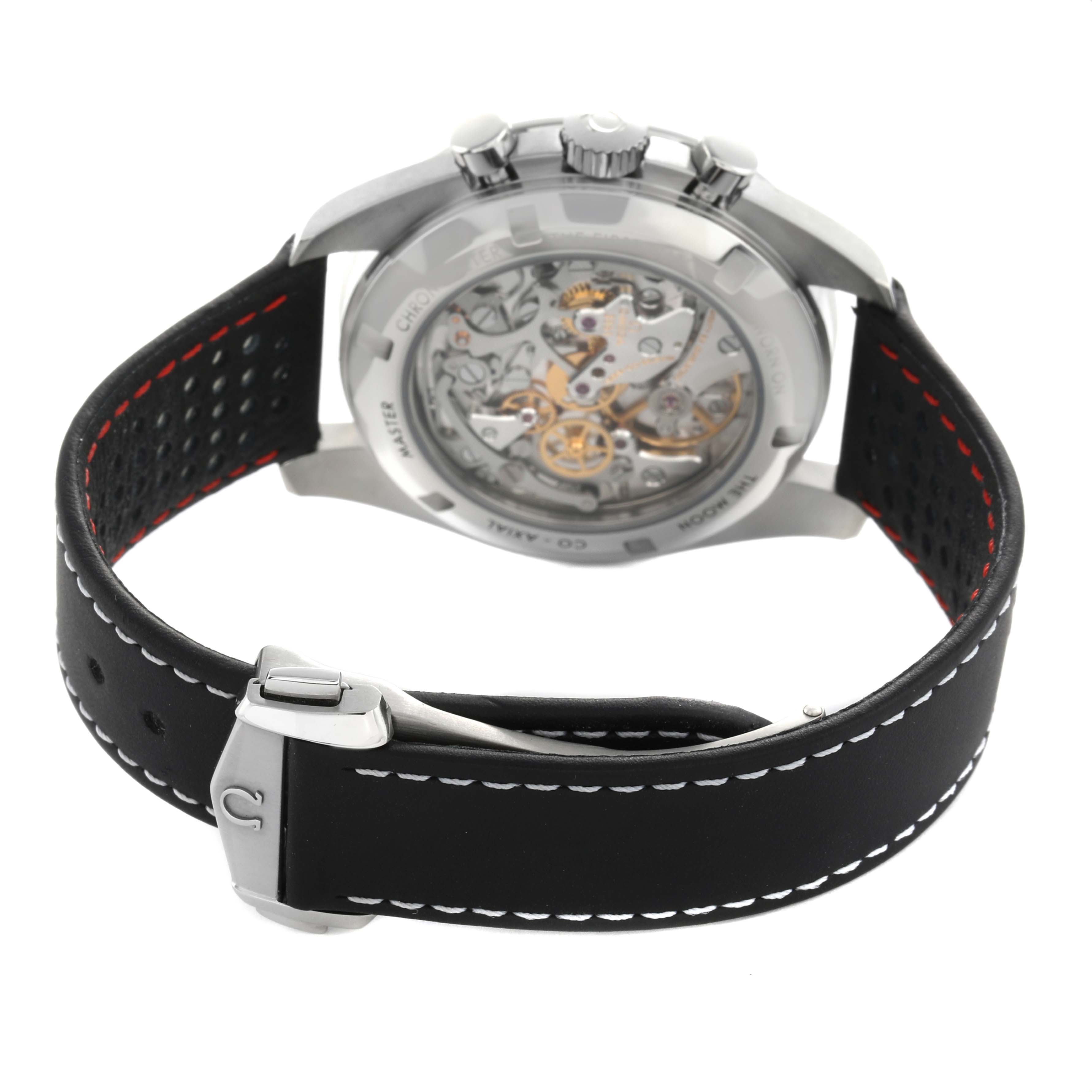 The Omega Speedmaster 310.32.42.50.04.002 Men's Stainless Steel White Dial watch is shown from the back, highlighting the exposed movement and leather strap with a clasp.