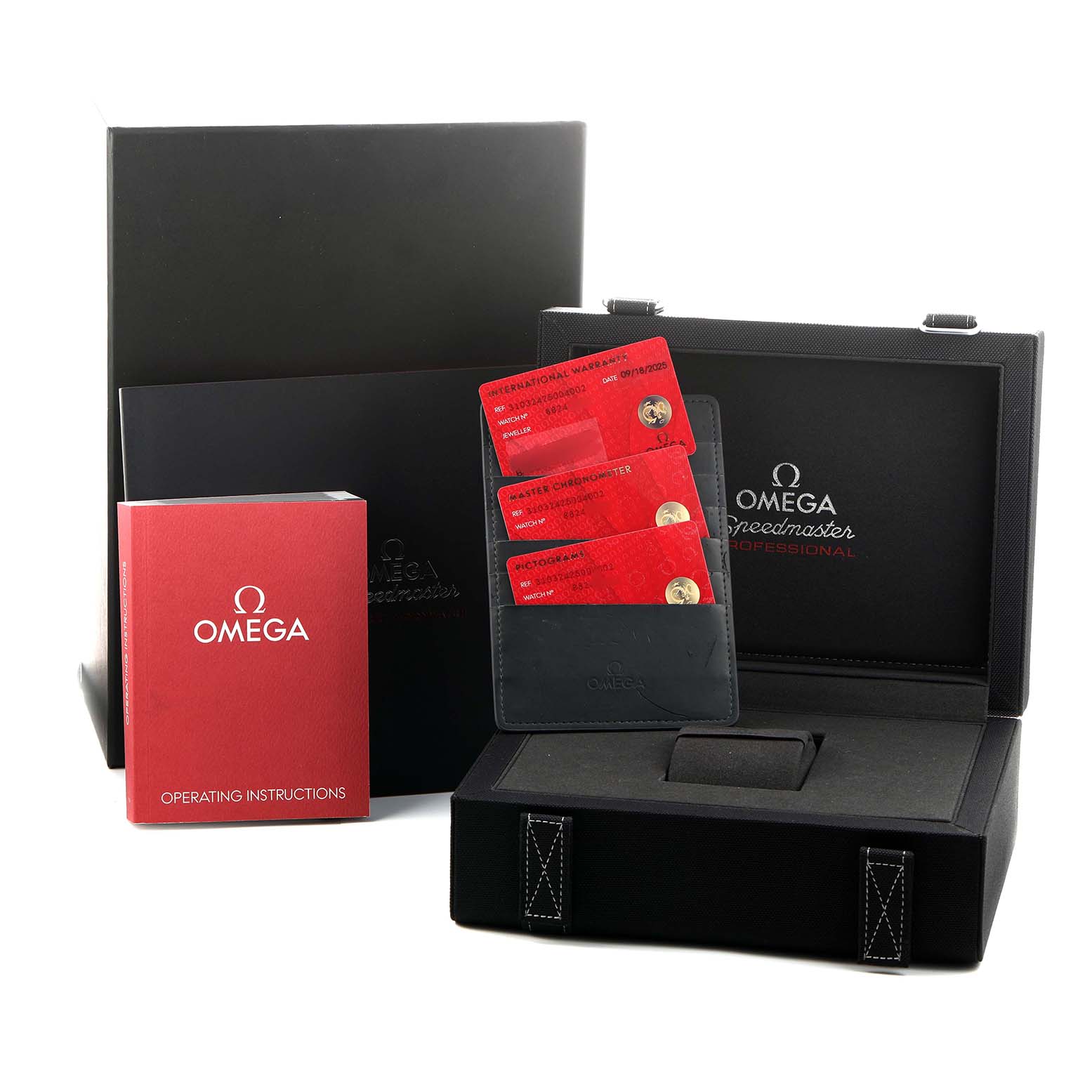 The image shows the Omega Speedmaster 310.32.42.50.04.002 Men's Stainless Steel White Dial packaging, warranty cards, and instruction manual.