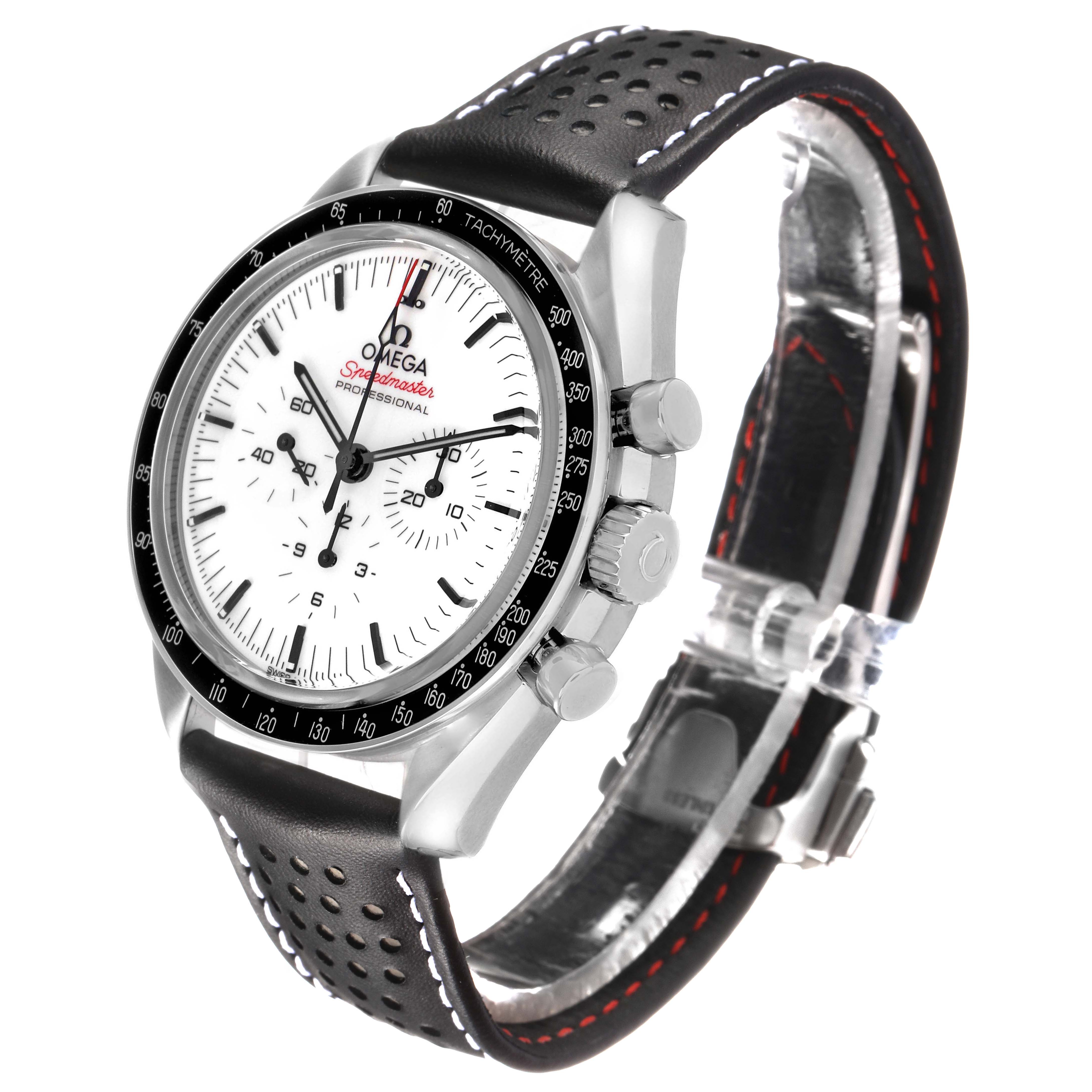 The Omega Speedmaster 310.32.42.50.04.002 Men's Stainless Steel White Dial watch is shown from a three-quarter angle, highlighting the face, black leather strap, and side buttons.