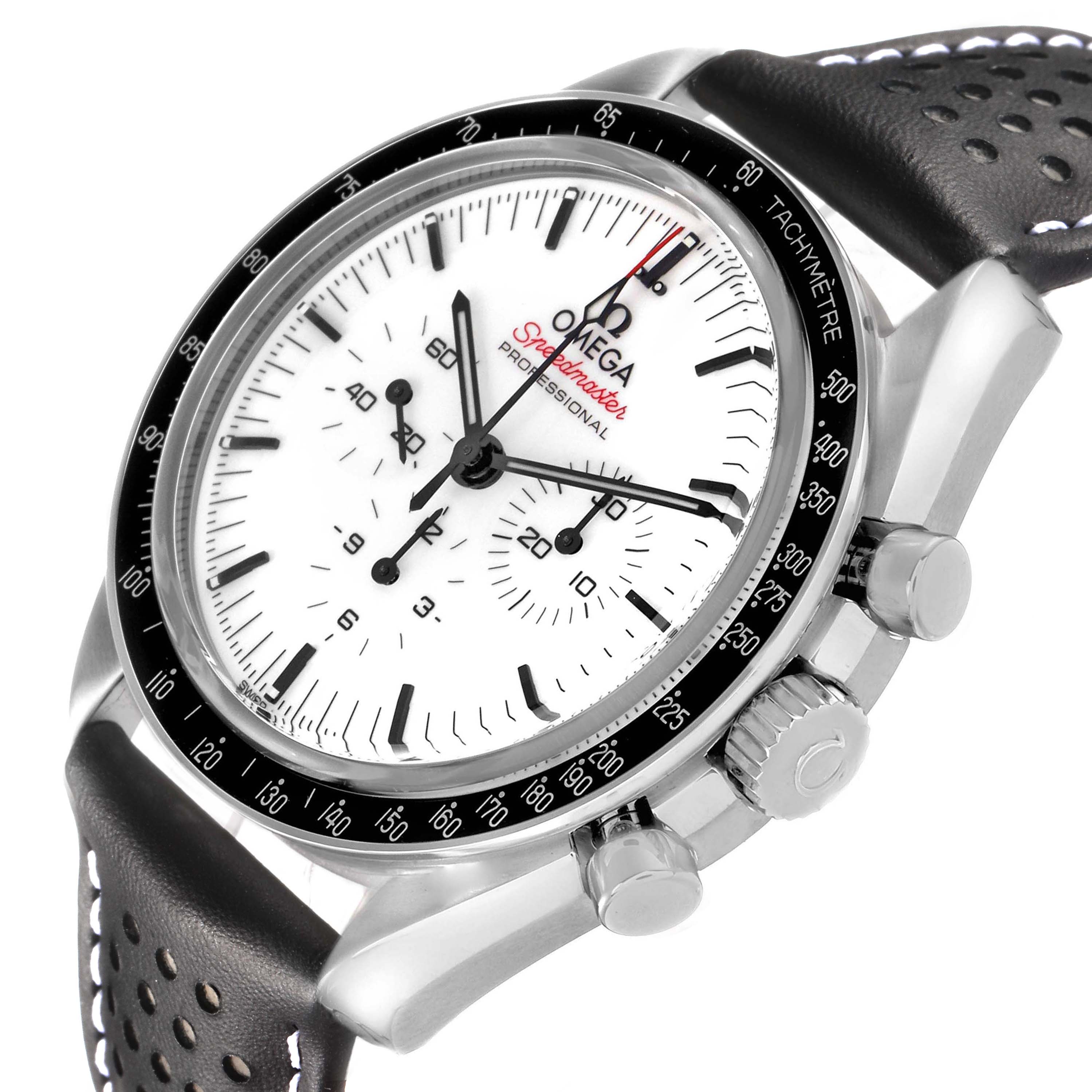 The Omega Speedmaster 310.32.42.50.04.002 Men's Stainless Steel White Dial watch is shown at an angle highlighting its face, bezel, pushers, crown, and perforated leather strap.