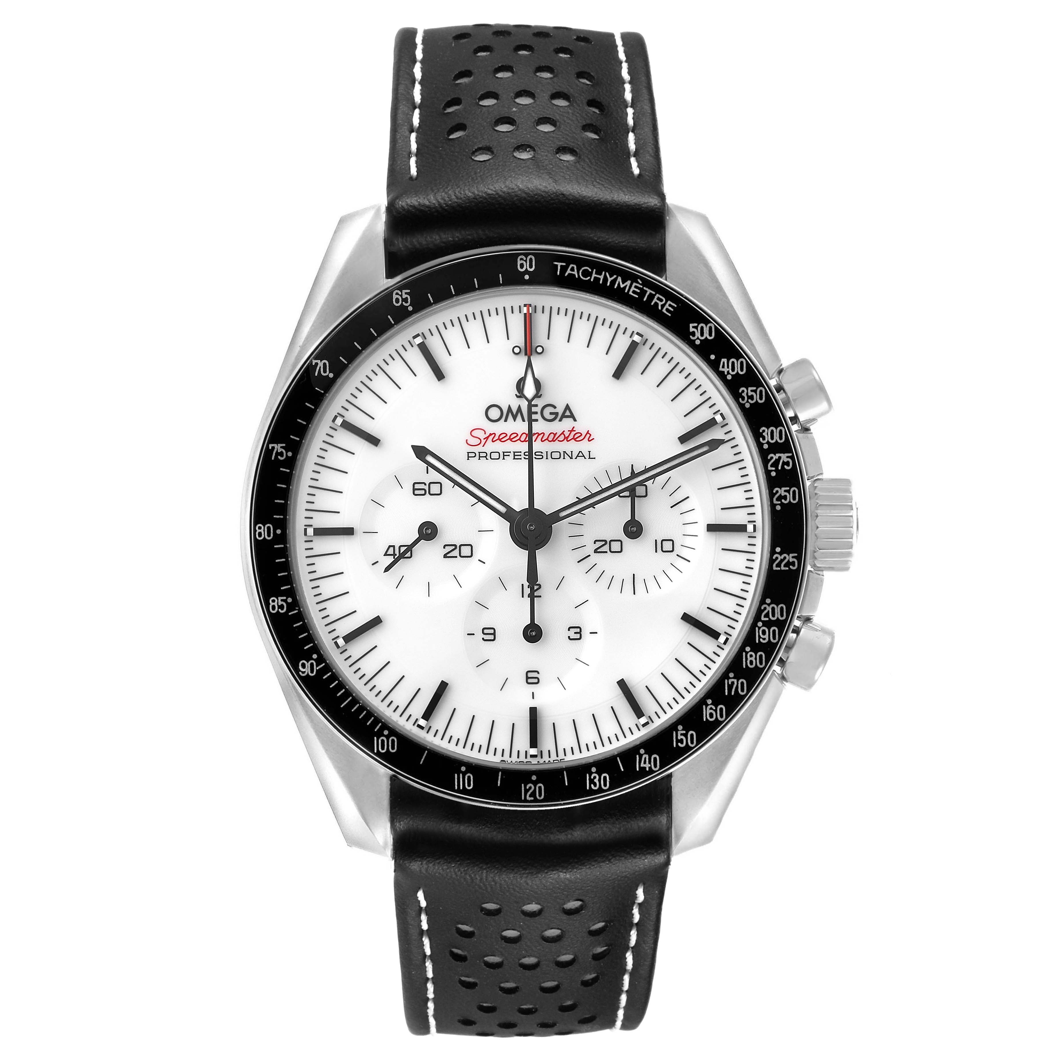 The Omega Speedmaster 310.32.42.50.04.002 Men's Stainless Steel White Dial watch is shown from the front, displaying the dial, bezel, chronograph sub-dials, and black leather strap.