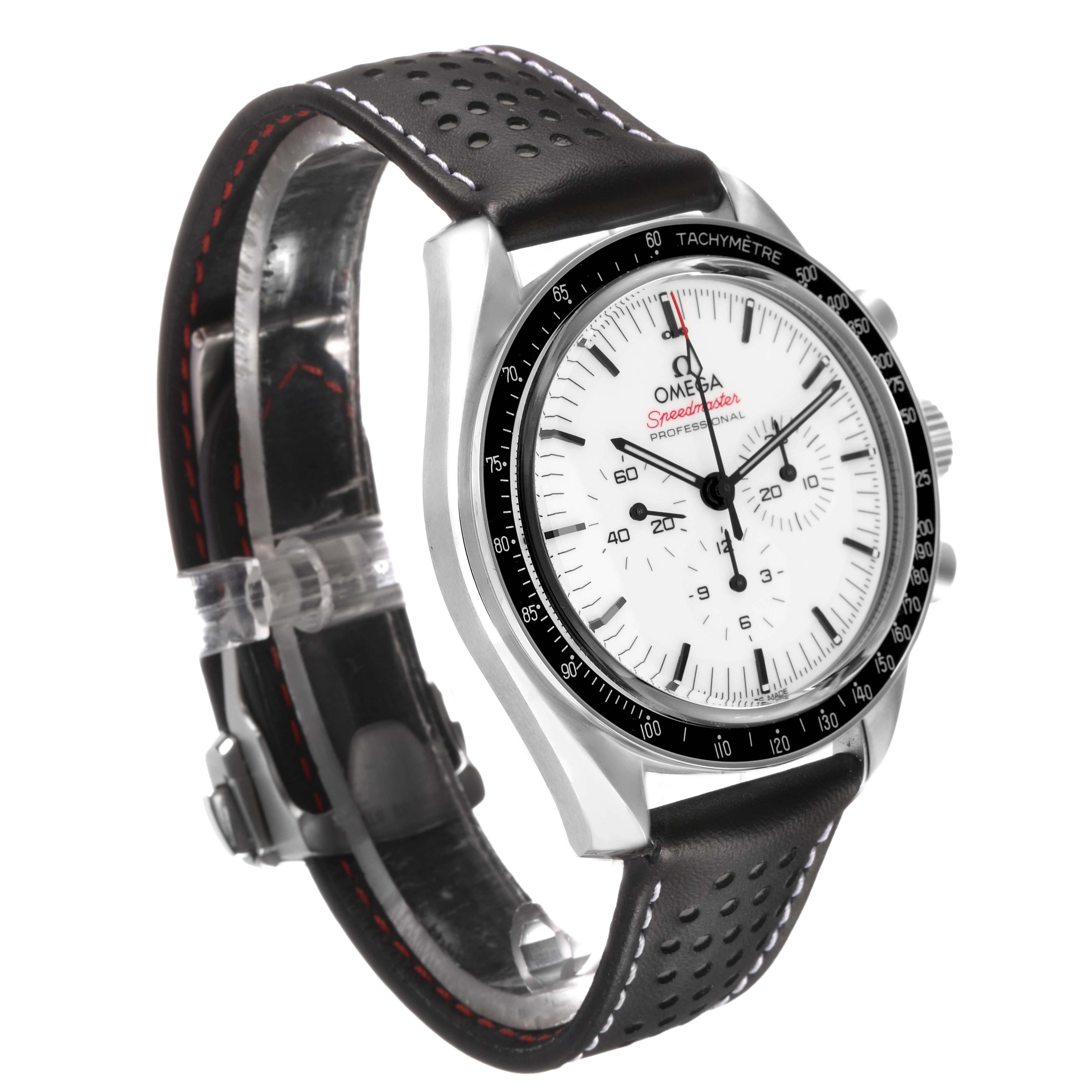The Omega Speedmaster 310.32.42.50.04.002 Men's Stainless Steel White Dial watch is shown at a three-quarter angle, displaying the dial, bezel, lugs, and perforated leather strap.