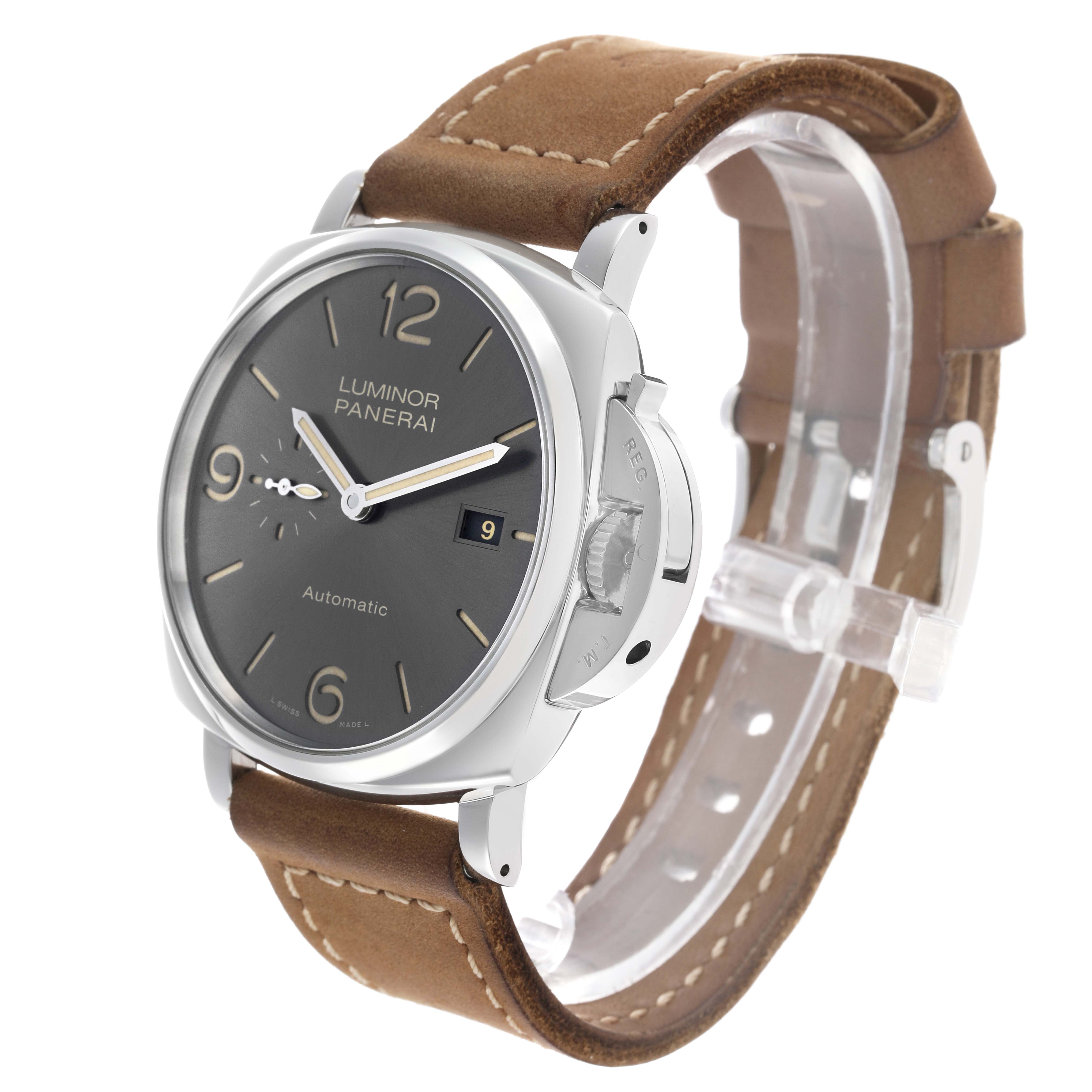 The Panerai Luminor Due PAM00943 Men's Stainless Steel Grey Dial watch is shown at a three-quarter angle, highlighting the face, crown, and brown leather strap.