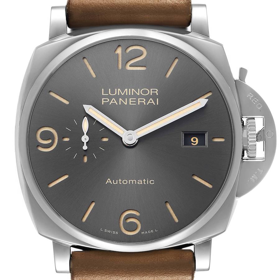 The image shows a frontal view of the Panerai Luminor Due PAM00943 Men's Stainless Steel Grey Dial watch, displaying its dial, hands, and date window.