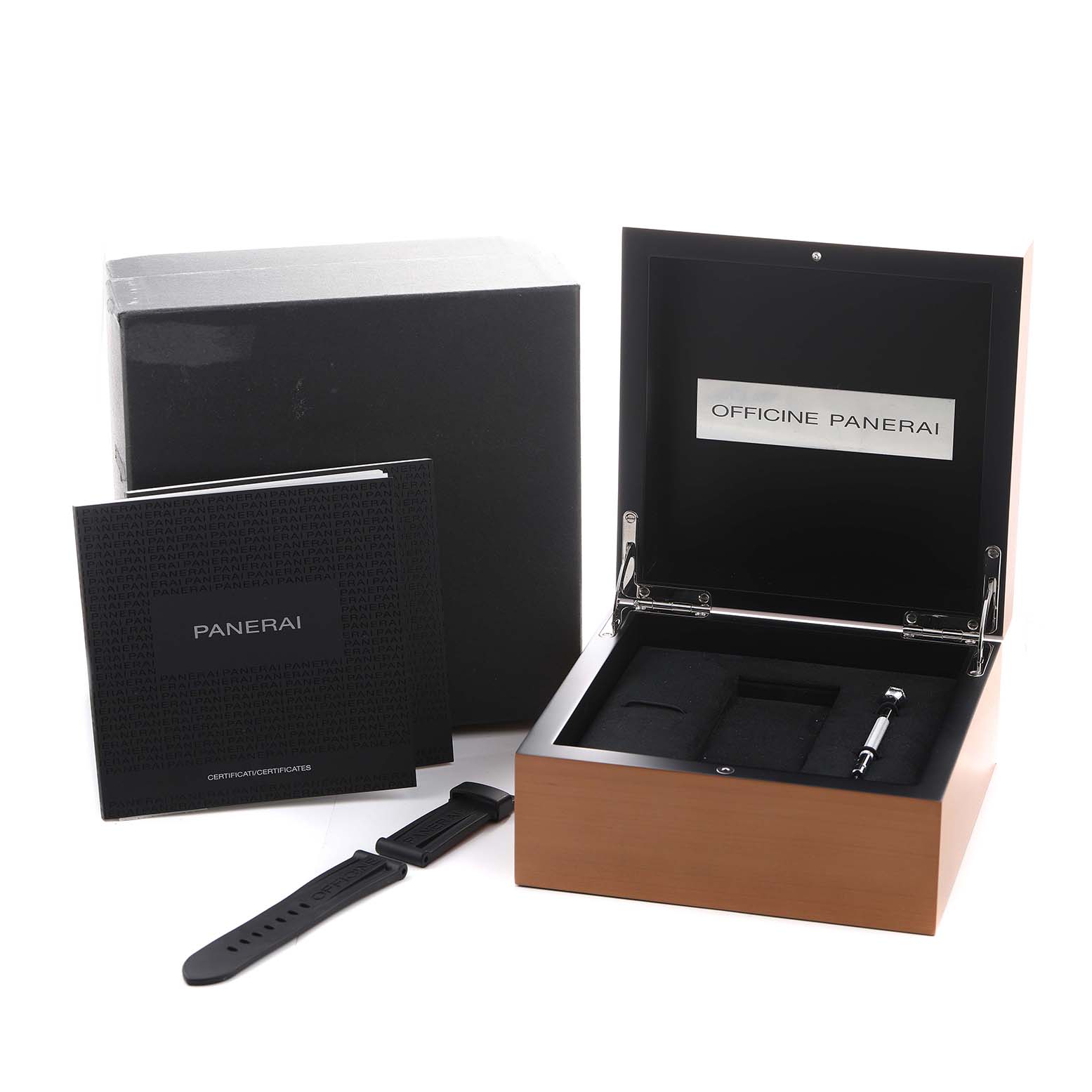 The image shows a Panerai Luminor Due PAM00943 Men's Stainless Steel Grey Dial watch box from an above angle, along with a strap, booklet, and outer packaging.