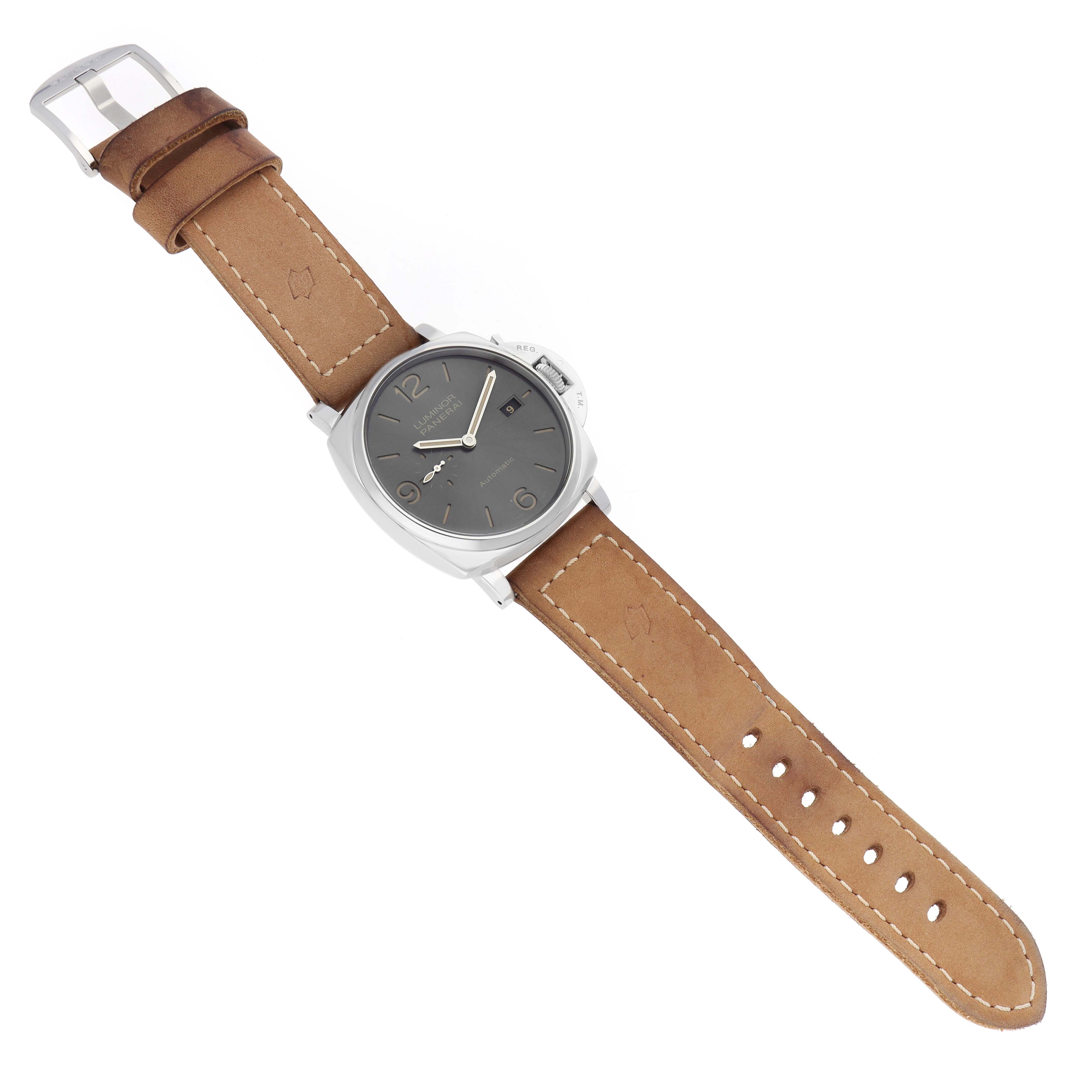 The Panerai Luminor Due PAM00943 Men's Stainless Steel Grey Dial watch is shown from a top-down angle, highlighting its face, case, and leather strap.