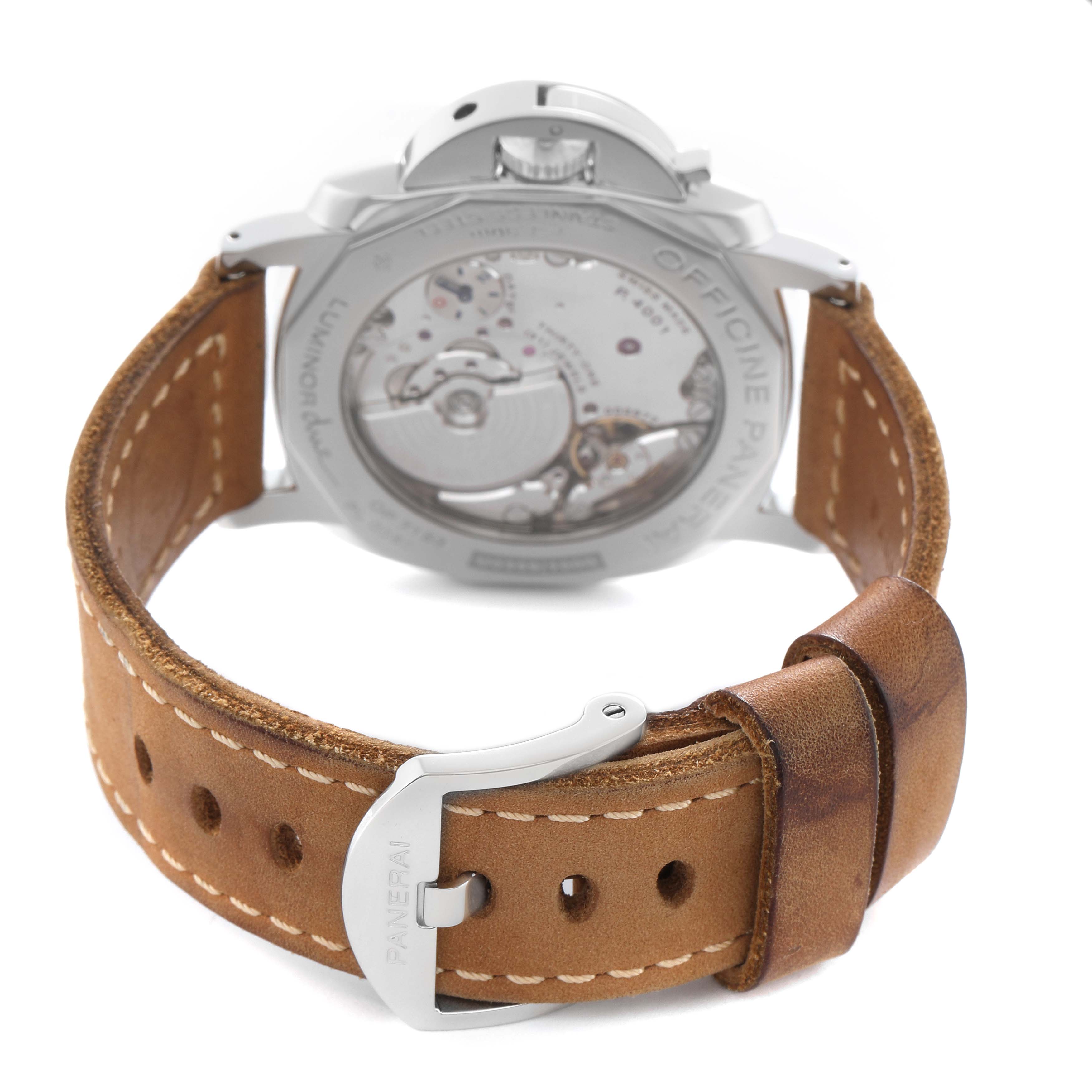 The image shows a Panerai Luminor Due PAM00943 Men's Stainless Steel Grey Dial watch from the back, highlighting the movement, caseback, and leather strap with buckle.