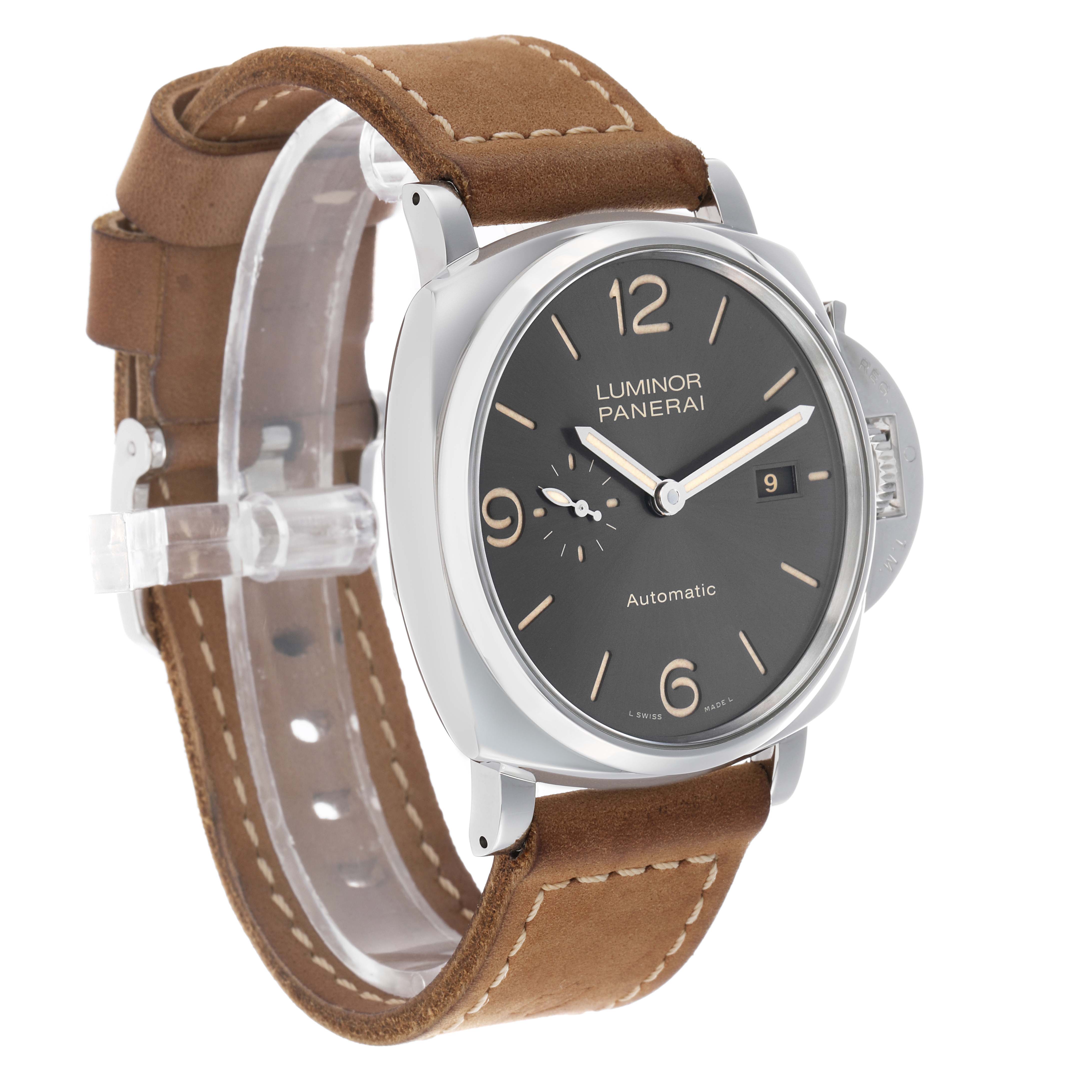 The image shows the Panerai Luminor Due PAM00943 Men's Stainless Steel Grey Dial watch at an oblique angle, highlighting the face, crown, and brown strap.