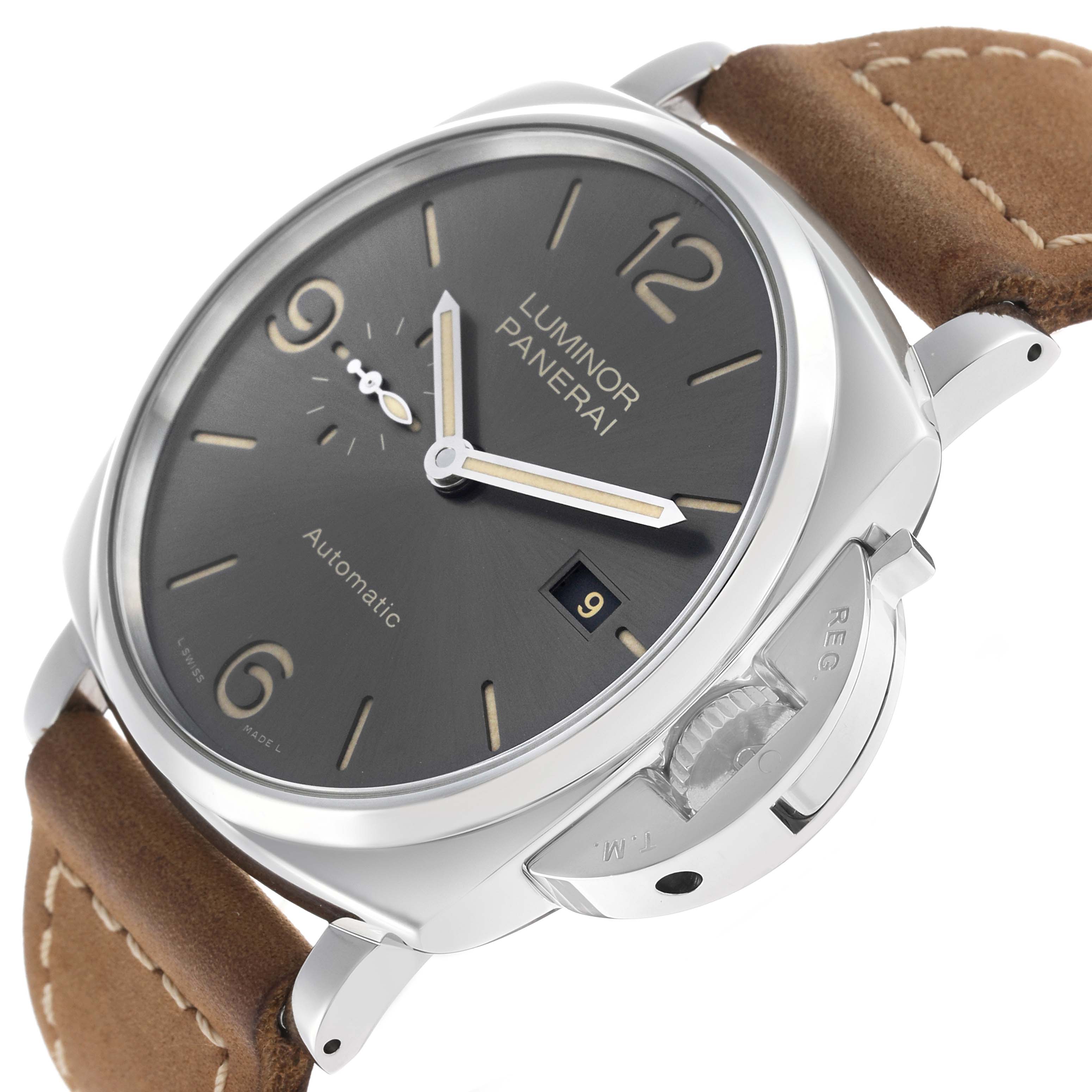 The Panerai Luminor Due PAM00943 Men's Stainless Steel Grey Dial watch is shown at a slight angle, highlighting the dial, crown, and leather strap.