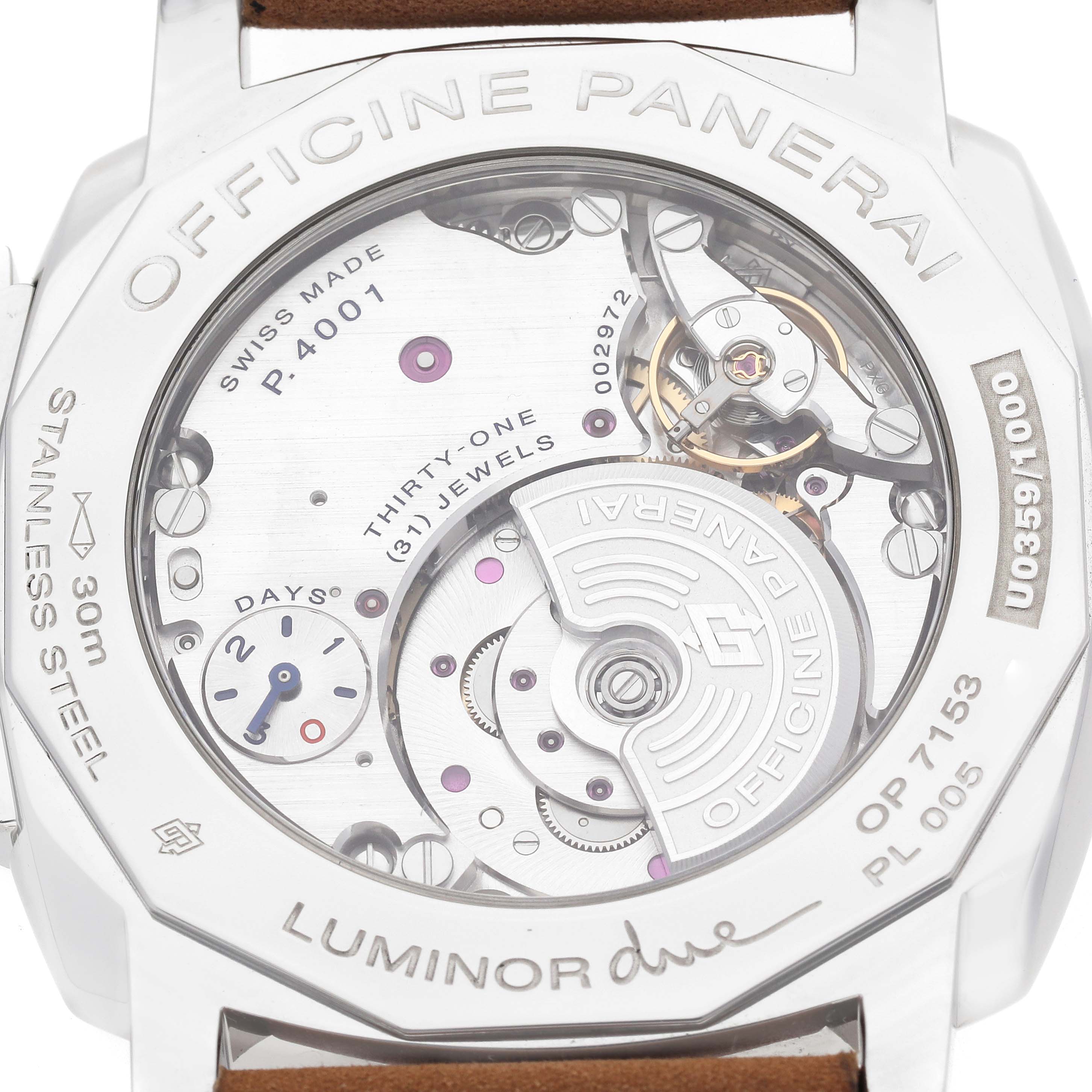 The image shows the back view of the Panerai Luminor Due PAM00943 Men's Stainless Steel Grey Dial, highlighting its movement and internal mechanisms.