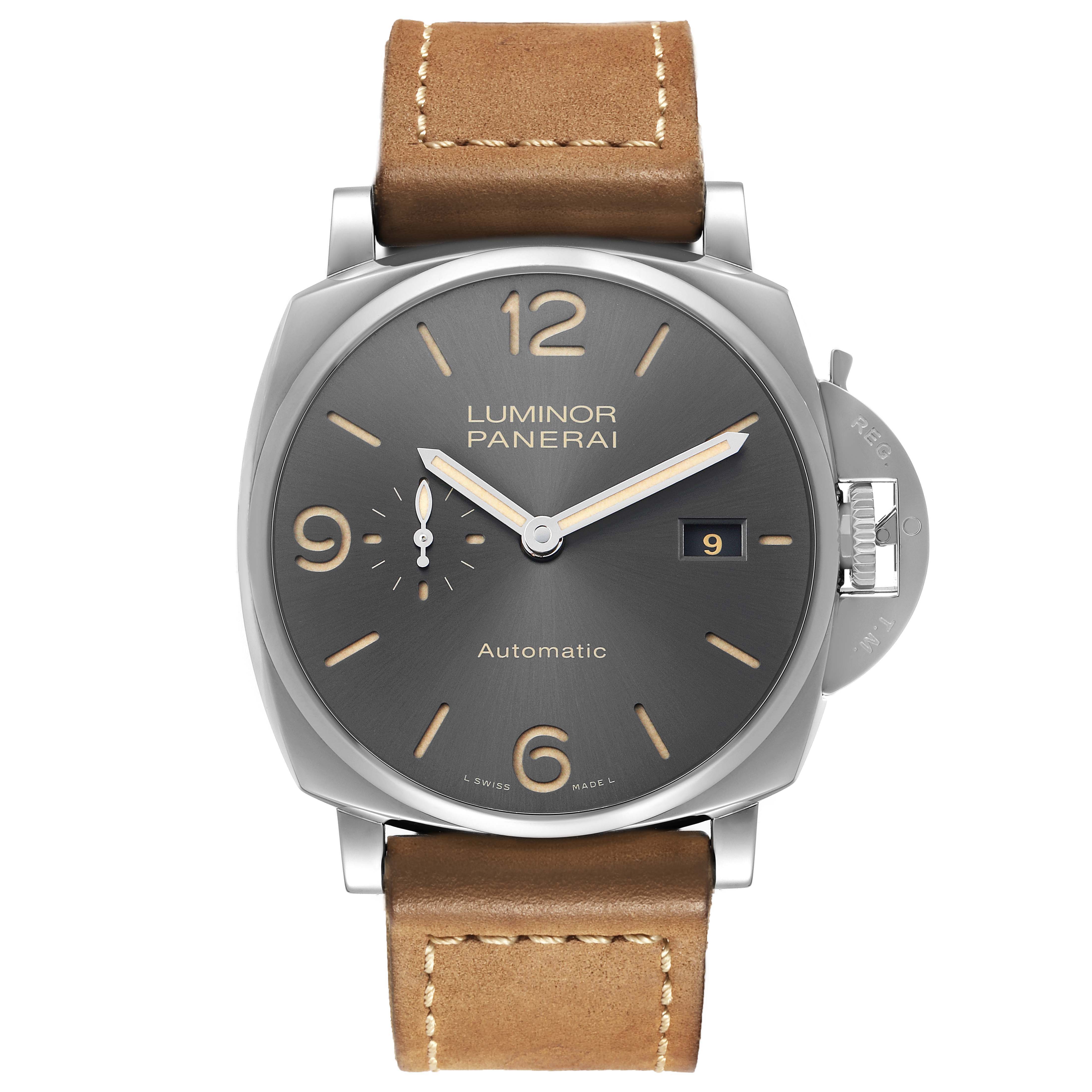 The image shows a front view of the Panerai Luminor Due PAM00943 Men's Stainless Steel Grey Dial watch, highlighting its dial, leather strap, and crown guard.