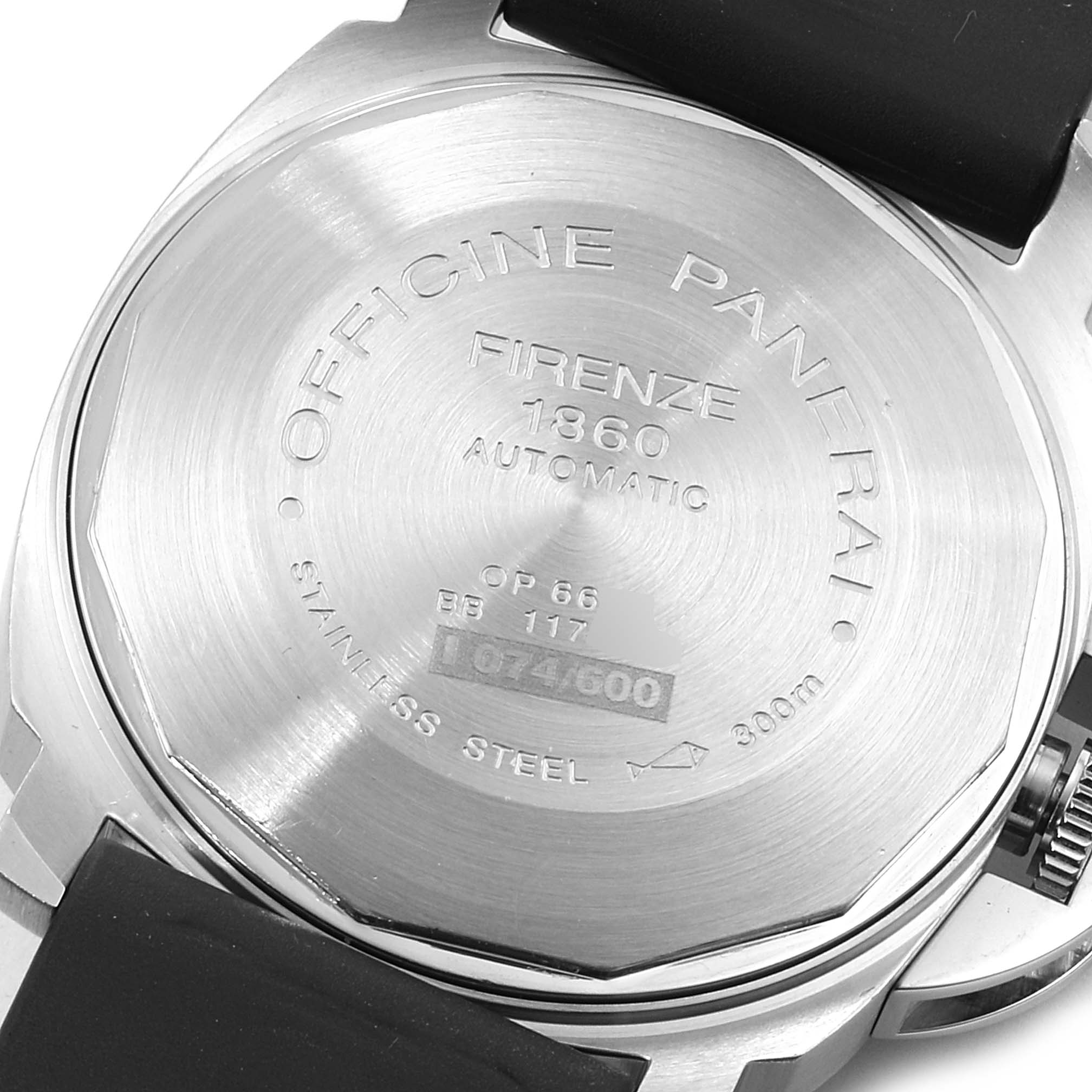 The image shows the back case of a Panerai Luminor PAM00070 Men's Stainless Steel Blue Dial PAM00070 Men's Stainless Steel Blue Dial watch at a slight angle, highlighting its engraved details and stainless steel finish.