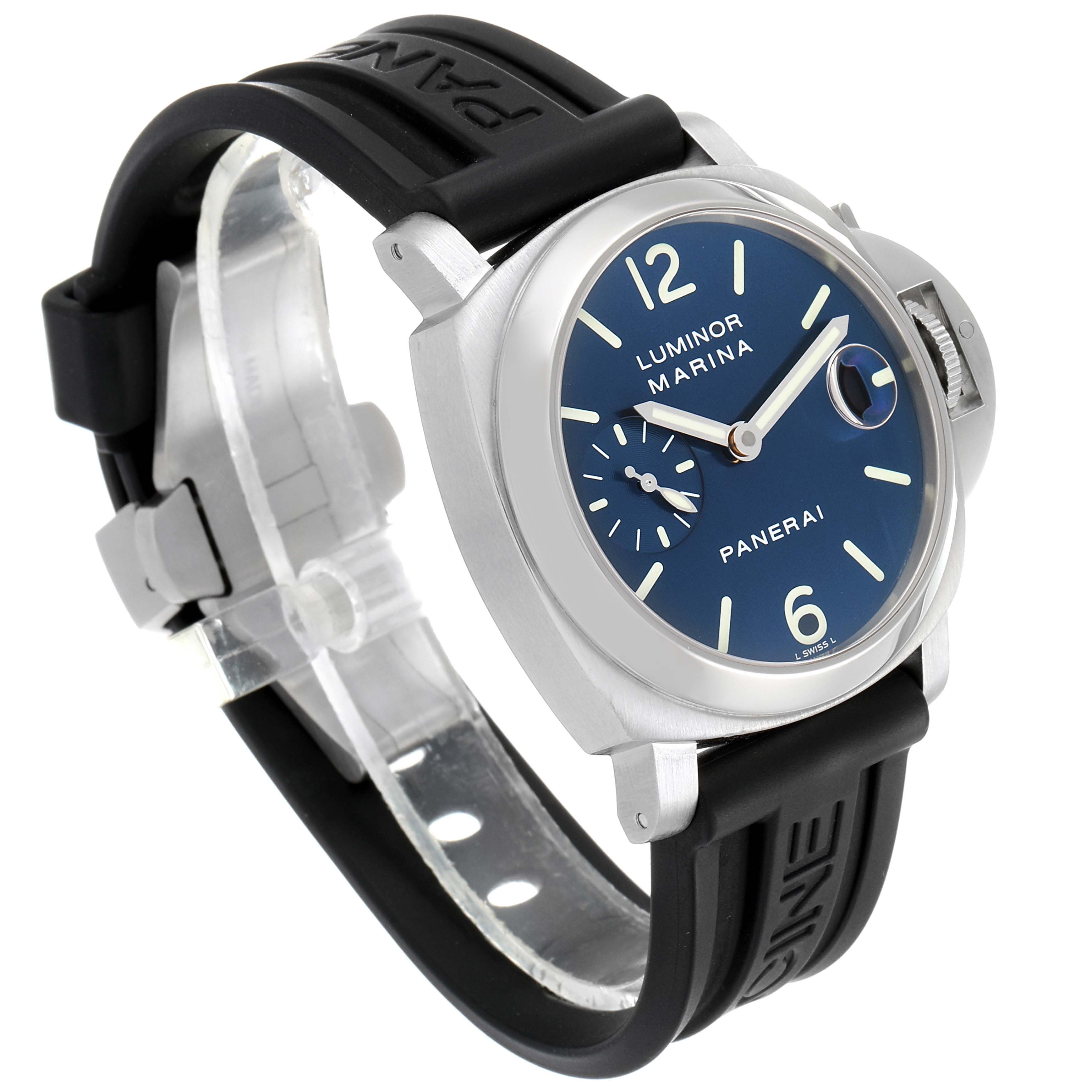 This image shows a Panerai Luminor PAM00070 Men's Stainless Steel Blue Dial PAM00070 Men's Stainless Steel Blue Dial watch at a three-quarter angle, displaying the dial, crown, and rubber strap.